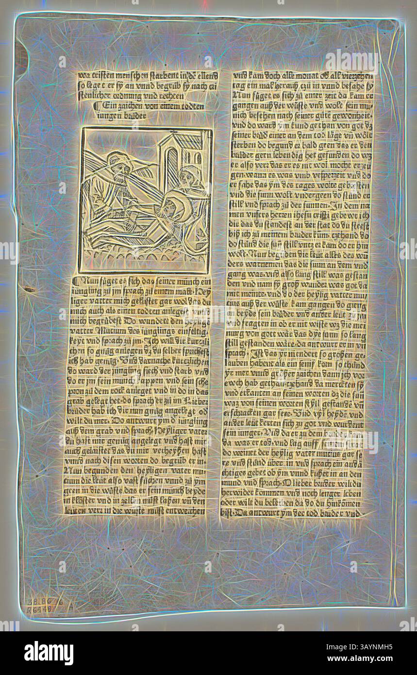 Un'antica pagina di manoscritti mostra intricate illustrazioni insieme a testo che sembra essere scritto in una scrittura ornata. L'illuminazione è caratterizzata da una scena drammatica, forse raffigurante una narrazione storica o religiosa, incorniciata da bordi decorativi che ne esaltano il significato. Gli elementi contrastanti del testo e delle immagini attirano l'attenzione dello spettatore, riflettendo l'arte e l'artigianato del suo tempo. A Token from a Dead Young Brother (recto) e Father Mucius in His Cell (verso) from Altvaeterleben (vita dei Patriarchi), placca 6 from Woodcuts from Books of the XV Century, 1488 Foto Stock