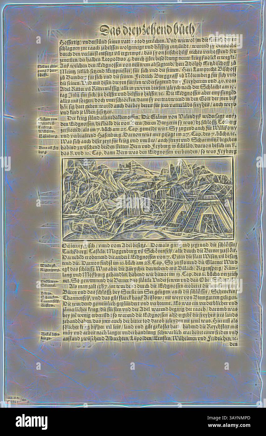 Un testo antico pieno di intricate illustrazioni e scritte ornate, che raffigurano una varietà di scene e narrazioni che riflettono eventi storici o temi culturali. Il layout presenta un mix di narrazione visiva e linguaggio scritto, invitando a esplorare a fondo i suoi contenuti. Illustrazione da Gemeiner loblicher Eydgnoschaft Chronick, lastra 40 da xilografie da libri del XVI secolo, 1548, assemblata nel portfolio 1937, artista sconosciuto (svizzero, XVI secolo), assemblata da Max Geisberg (svizzero, 1875-1943), Svizzera, Woodcut su carta, 80 x 165 mm (immagine), 310 x 190 mm (immagine/testo Foto Stock