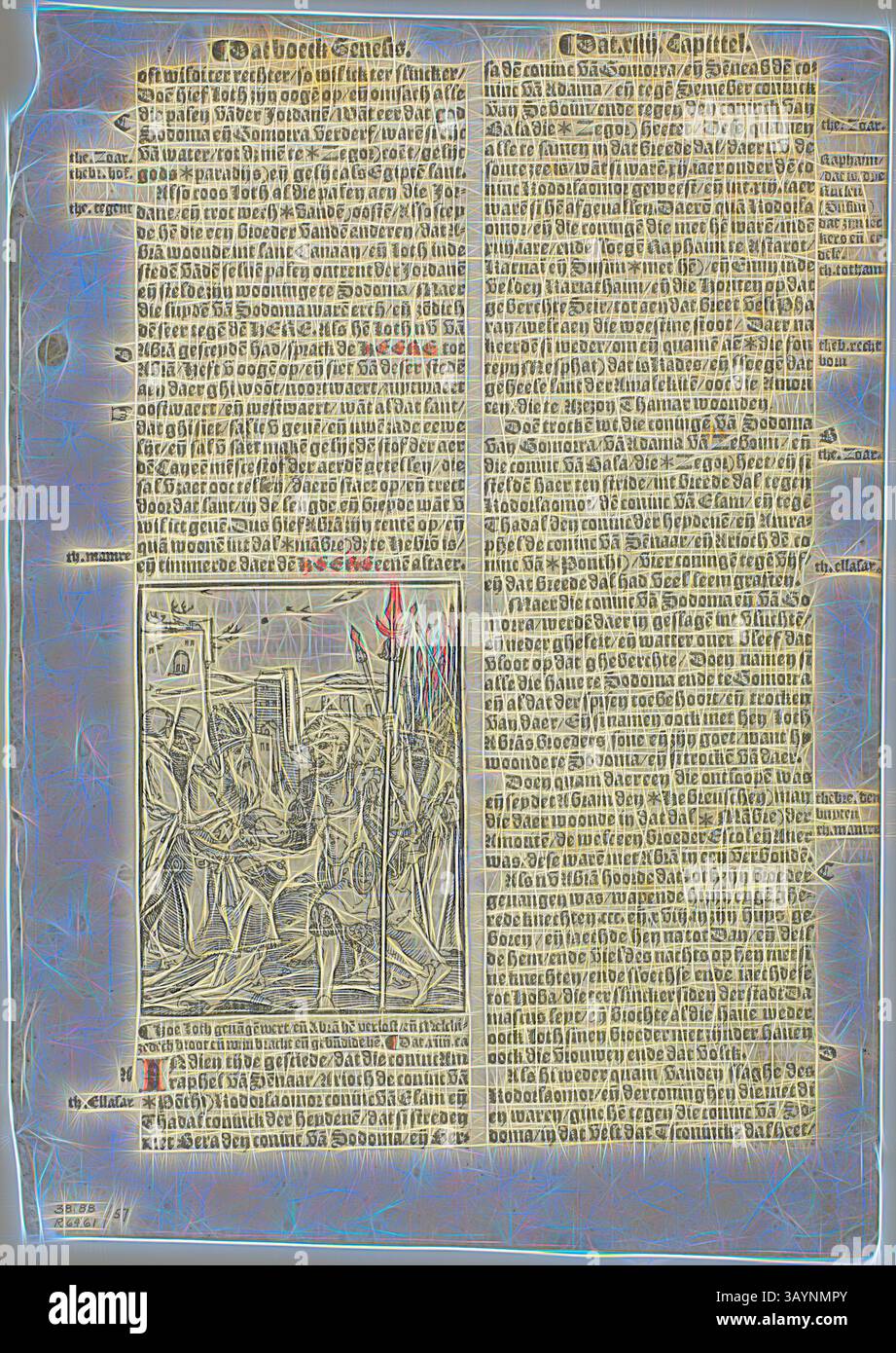 Illustrazione da Die Bibel (Vorsterman), lastra 57 da xilografie da libri del XVI secolo, 1528, assemblata nel portafoglio 1937, Jan Swart (olandese, c.1500-c.1560), assemblata da Max Geisberg (svizzero, 1875-1943), Paesi Bassi, xilografia su carta colorata a mano, 109 x 81 mm (immagine), 279 x 209 mm (immagine/testo), 309 x 220 mm (foglio) arte classica con un tocco moderno reimmaginato da Artotop Foto Stock