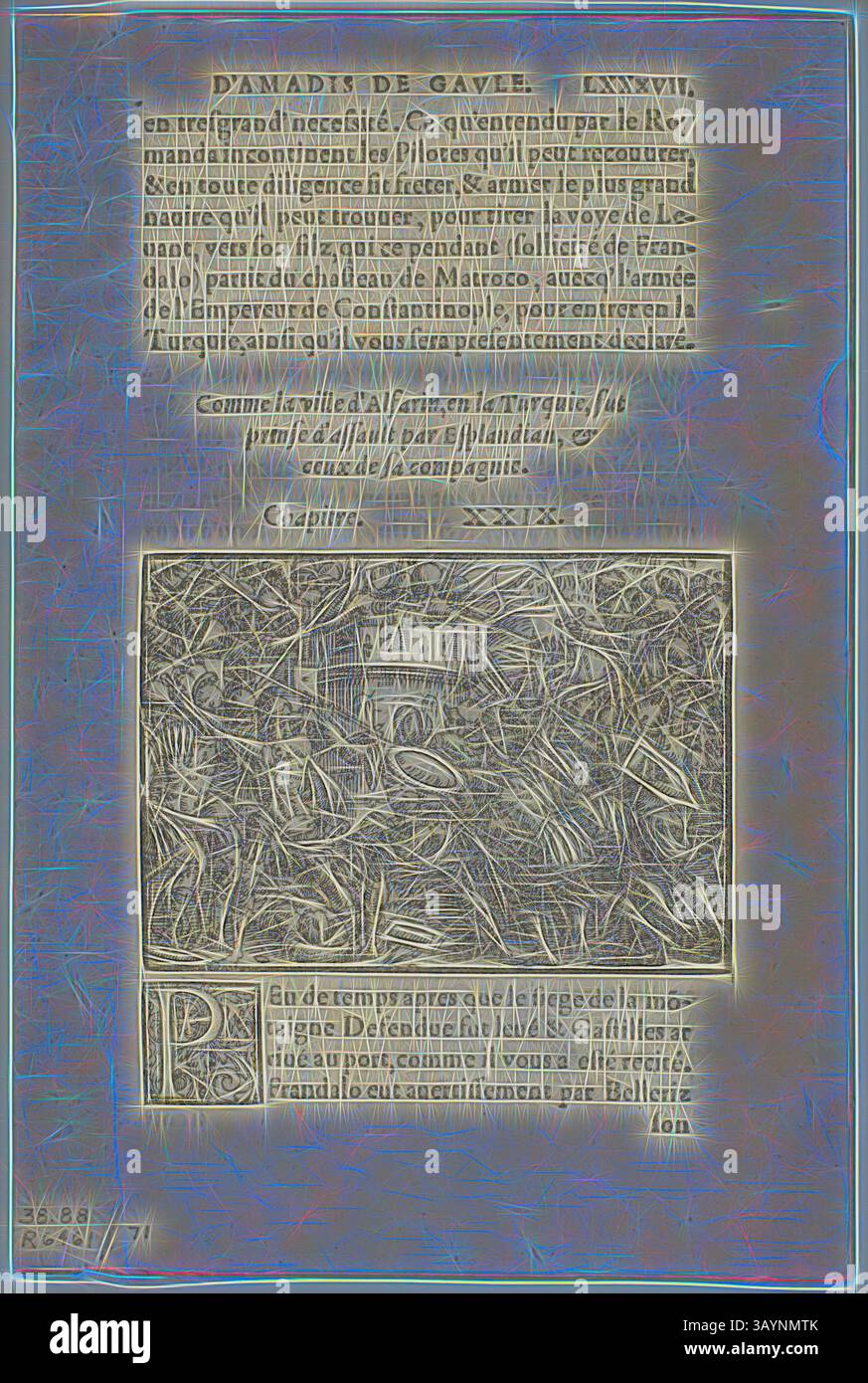 Una rappresentazione ornata con intricate illustrazioni e testo stilizzato, questo pezzo probabilmente cattura una narrazione storica o letteraria, possibilmente attingendo a temi culturali o religiosi. Le immagini centrali includono figure impegnate in varie attività, circondate da elaborati elementi decorativi che ne esaltano l'impatto visivo. Foglia di Amadis de Gaule, lastra 71 da xilografie di libri del XVI secolo, 1560, assemblata nel portafoglio 1937, artista sconosciuto (francese, XVI secolo), assemblata da Max Geisberg (svizzero, 1875-1943), Francia, Woodcut su carta, 56 x 89 mm (immagine), 141 x 89 mm (immagine) Foto Stock