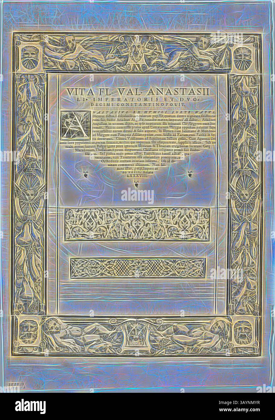 Un intricato documento decorativo con bordi ornati con disegni floreali e geometrici, contenente testo storico che sembra concentrarsi sulla vita di una figura di nome Anastasio. I vari elementi contribuiscono a creare un senso di eleganza e significato. Bordo decorativo (recto) e Ritratto dell'Imperatore Anastasio (verso), piatto nove da xilografie di libri del XVI secolo, 1559, assemblato nel portafoglio 1937, attribuito a Hans Rudolf Manuel Deutsch (svizzero, 1525-1572) o Peter Flötner (tedesco, 1485/96-1546), assemblato da Max Geisberg (svizzero, 1875-1943), Svizzera, Woodcut su carta Foto Stock
