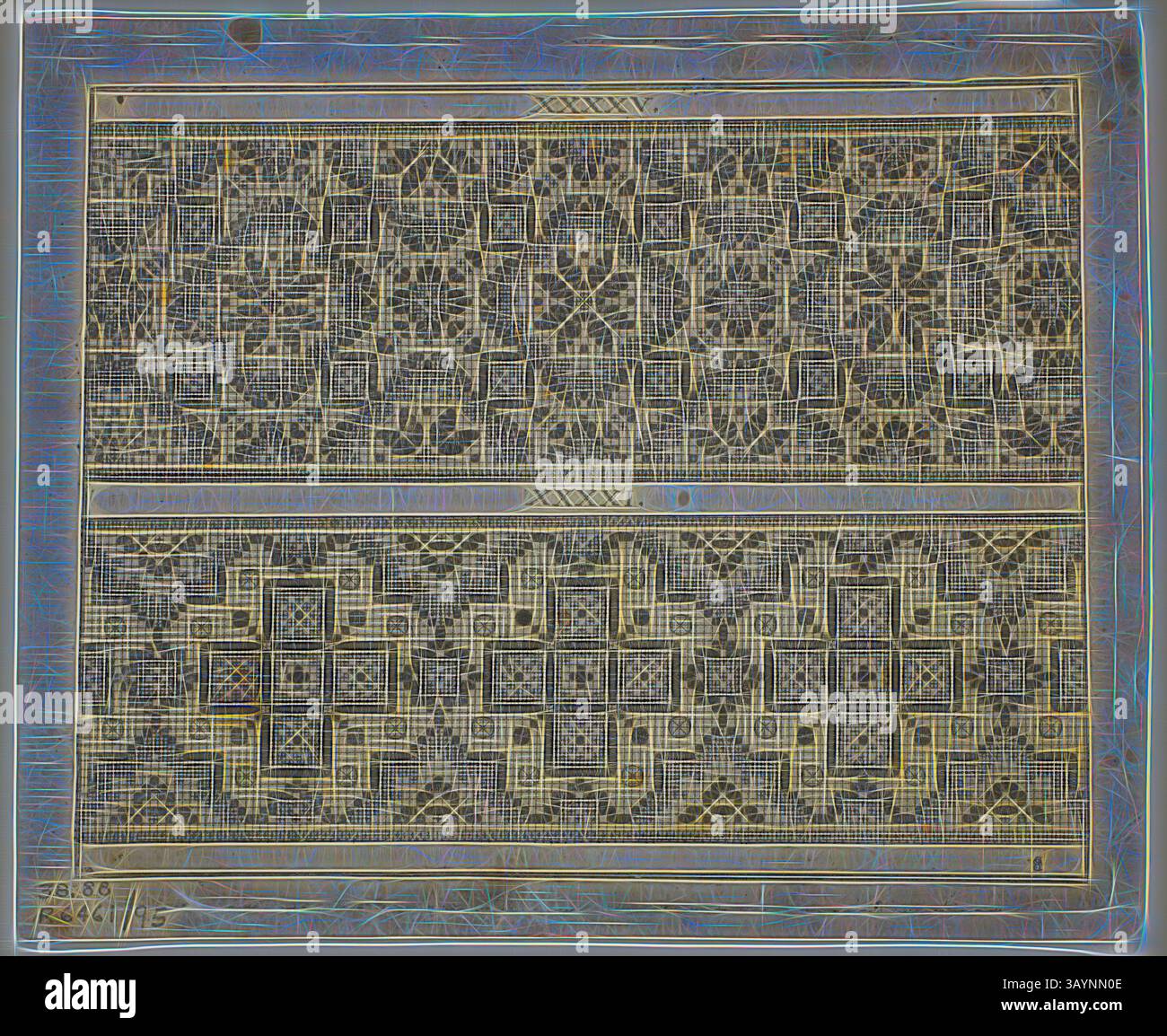 I complessi motivi geometrici creano una simmetria ipnotica, con un lavoro dettagliato sulle linee che mostra una miscela di forme che formano un elaborato arazzo visivo. Illustrazioni di Schön Neues Modelbuch, lastra 95 da xilografie di libri del XVI secolo, 1597, assemblata nel portafoglio 1937, attribuita a Johann Hans Sibmacher (tedesco, morto nel 1611), assemblata da Max Geisberg (svizzero, 1875-1943), Germania, incisione su carta, 119 x 151 mm (immagine), 137 x 167 mm (foglio) Arte classica con un tocco moderno reinventato da Artotop Foto Stock