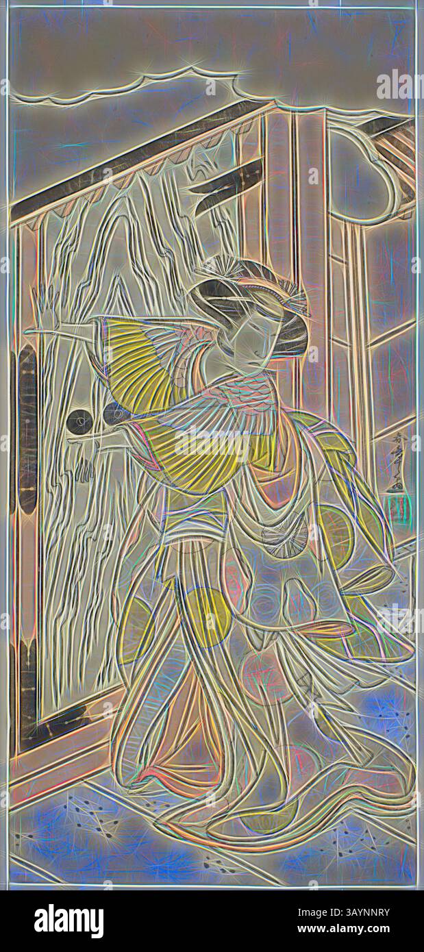 Una figura graziosa in abbigliamento tradizionale si erge accanto a una finestra, tenendo delicatamente un ventilatore. La scena è arricchita da motivi vorticosi e tonalità vivaci, creando una miscela artistica di movimento ed eleganza, che ricorda la classica arte culturale. L'attore Nakamura Tomijuro i nel ruolo di Lady Hangaku (Hangaku Gozen) nella commedia Wada-gassen Onna Maizuru, eseguita al Teatro Nakamura nel settimo mese, 1777, c. 1777, Katsukawa Shunsho 勝川 春章, giapponese, 1726-1792, Giappone, stampa a blocchi di legno a colori, hosoban, 32 x 14,8 cm (12 5/8 x 5 13/16 poll.) Arte classica con un tocco moderno reinventata da Artotop Foto Stock