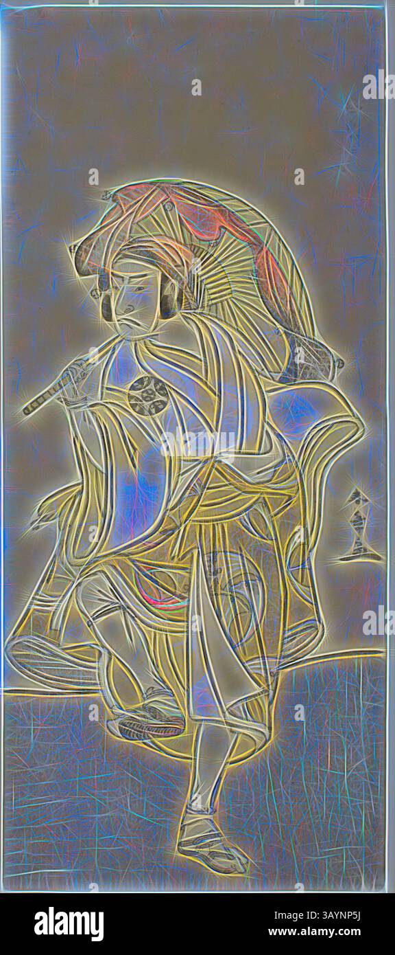 Una figura in abbigliamento tradizionale posa elegantemente con un ombrello, mostrando motivi intricati e colori vibranti che mettono in risalto elementi culturali e fascino artistico. L'attore Nakamura Nakazo i nel ruolo di Onmaya Kisanda travestito da danzatore di leoni Kakubei nella commedia Chigo Torii Tobiiri Kitsune, eseguita al Teatro Ichimura nell'undicesimo mese, 1777, c. 1777, Katsukawa Shunsho 勝川 春章, Japanese, 1726-1792, Japan, Color woodblock print, hosoban, un foglio di quattro fogli, 32,8 x 14,3 cm (12 15/16 x 5 5/8 poll.) Arte classica con un tocco moderno reinventata da Artotop Foto Stock Una figura in abbigliamento tradizionale posa elegantemente con un ombrello, mostrando motivi intricati e colori vibranti che mettono in risalto elementi culturali e fascino artistico. L'attore Nakamura Nakazo i nel ruolo di Onmaya Kisanda travestito da danzatore di leoni Kakubei nella commedia Chigo Torii Tobiiri Kitsune, eseguita al Teatro Ichimura nell'undicesimo mese, 1777, c. 1777, Katsukawa Shunsho 勝川 春章, Japanese, 1726-1792, Japan, Color woodblock print, hosoban, un foglio di quattro fogli, 32,8 x 14,3 cm (12 15/16 x 5 5/8 poll.) Arte classica con un tocco moderno reinventata da Artotop Foto Stock