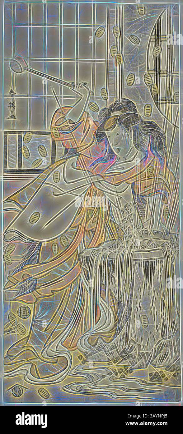 Una figura graziosa vestita con un abbigliamento tradizionale e fluido si impegna in un delicato processo artistico, circondato da intricati motivi e forme che evocano un senso di tranquillità e creatività. La luce soffusa filtra attraverso una finestra decorata, migliorando l'atmosfera serena. L’attore Segawa Kikunojo III come la fanciulla del drago travestita da Osaku nella rappresentazione Sayo no Nakayama Hiiki no Tsurigane, eseguita al Teatro Nakamura nell’undicesimo mese, 1790, c. 1790, Katsukawa Shun’ei, giapponese, 1762-1819, Giappone, stampa a blocchi di legno a colori, hosoban, 32 x 14,2 cm (12 5/8 x 5 9/16 poll.) Arte classica con un moderno Foto Stock