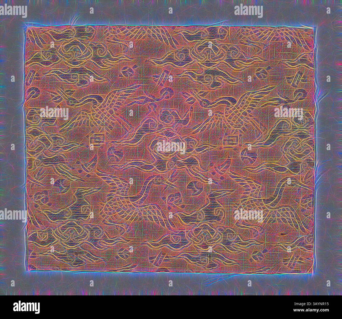 Un motivo vibrante caratterizzato da intricati vortici e uccelli stilizzati, che fondono vari colori e texture per creare un effetto visivo dinamico. Il design evoca un senso di movimento e flusso, enfatizzando una fusione armoniosa di elementi naturali. Frammento, XVIII secolo, tardo periodo Edo (1789–1868)/ periodo Meiji (1868–1912), Giappone, seta e carta argentata su laccata, intreccio in twill con motivi supplementari legati da orditi secondari di rilegatura in interlacciamenti twill, 13 x 15,2 cm (5 1/8 x 6 pollici). Arte classica con un tocco moderno reinventata da Artotop Foto Stock