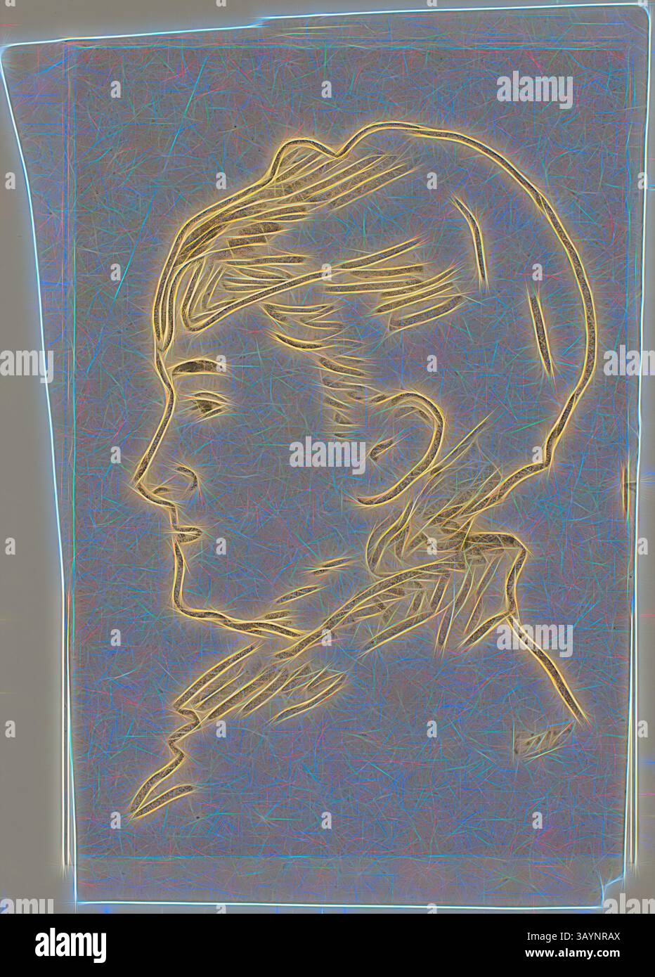 Un profilo stilizzato di una donna di profilo, caratterizzato da linee delicate che sottolineano l'acconciatura e le caratteristiche del viso, su uno sfondo testurizzato. La luce soffusa intorno alla silhouette aggiunge una qualità onirica all'immagine. Mademoiselle Isabelle Lemonnier, n.d., Édouard Manet, francese, 1832-1883, Francia, pastello nero su carta da ricalco intrecciata panna (scolorito per abbronzatura), su carta tessuta avorio, 202 x 145 mm arte classica con un tocco moderno reinventata da Artotop Foto Stock