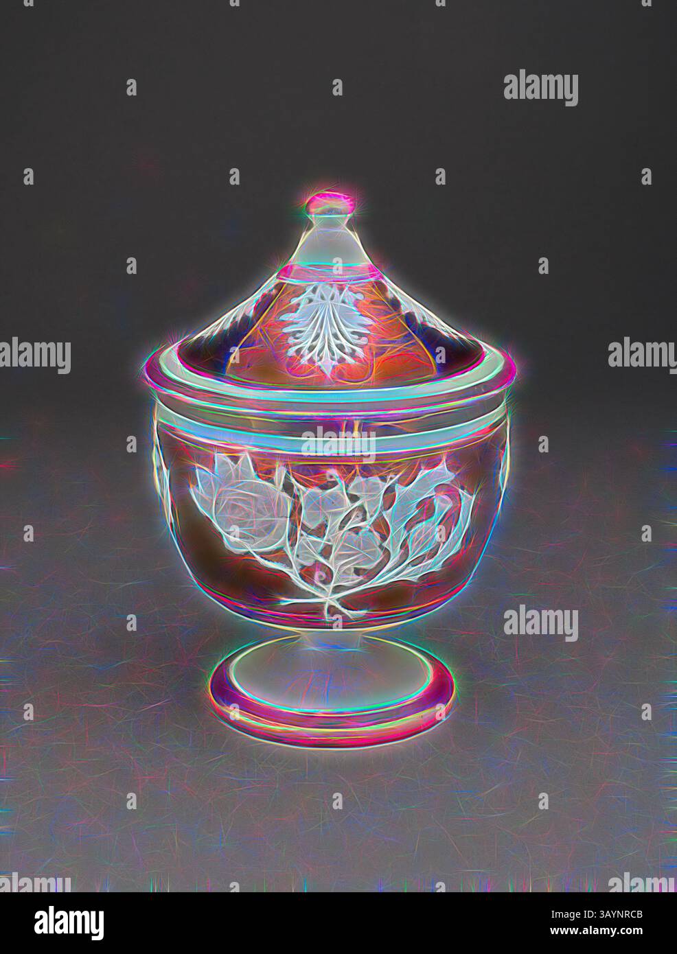 Un contenitore decorativo decorativo con intricate incisioni floreali e un coperchio a cupola, poggiato su una base liscia, che irradia eleganza e artigianalità. Sugar Bowl with Symbols of England, Ireland, and Scotland, c. 1830, England, Staffordshire, Staffordshire, terracotta con decorazione in rame, H. 15,2 cm, diam. 10,6 cm (3/16 poll.) Arte classica con un tocco moderno reinventata da Artotop Foto Stock