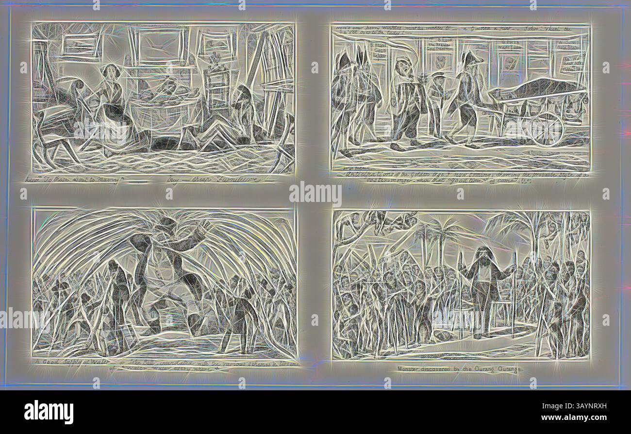 L'opera presenta quattro scene che ritraggono momenti storici e temi di lotta e resilienza. Ogni pannello illustra una narrazione diversa, con figure impegnate in varie attività, che mostrano lavoro, comunità e un senso di urgenza. Le composizioni dinamiche suggeriscono movimento ed emozione, invitando gli spettatori a riflettere sulle storie che vengono raccontate. Consiglio a coloro che stanno per sposarsi, Buy Cheap Furniture from George Cruikshank's Steel Etchings to the Comic Almanacks: 1835-1853 (in alto a sinistra), 1852, Printed c. 1880, George Cruikshank (in inglese, 1792-1878), pubblicato da Pickering & Chatto (inglese Foto Stock