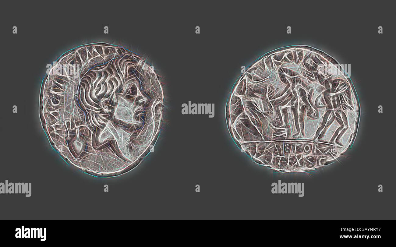 Un paio di monete antiche, una raffigurante un profilo di una figura notevole e l'altra caratterizzata da una scena di competizione atletica, entrambe con disegni intricati e significato storico. Denario (moneta) raffigurante Pompeo il grande, 42/40 a.C., emesso dalla Repubblica Romana, Sesto Pompeo Magno, romano, coniato in Sicilia, Sicilia, argento, Diam. Arte classica da 2 cm, 3,95 g con un tocco moderno reinventata da Artotop Foto Stock