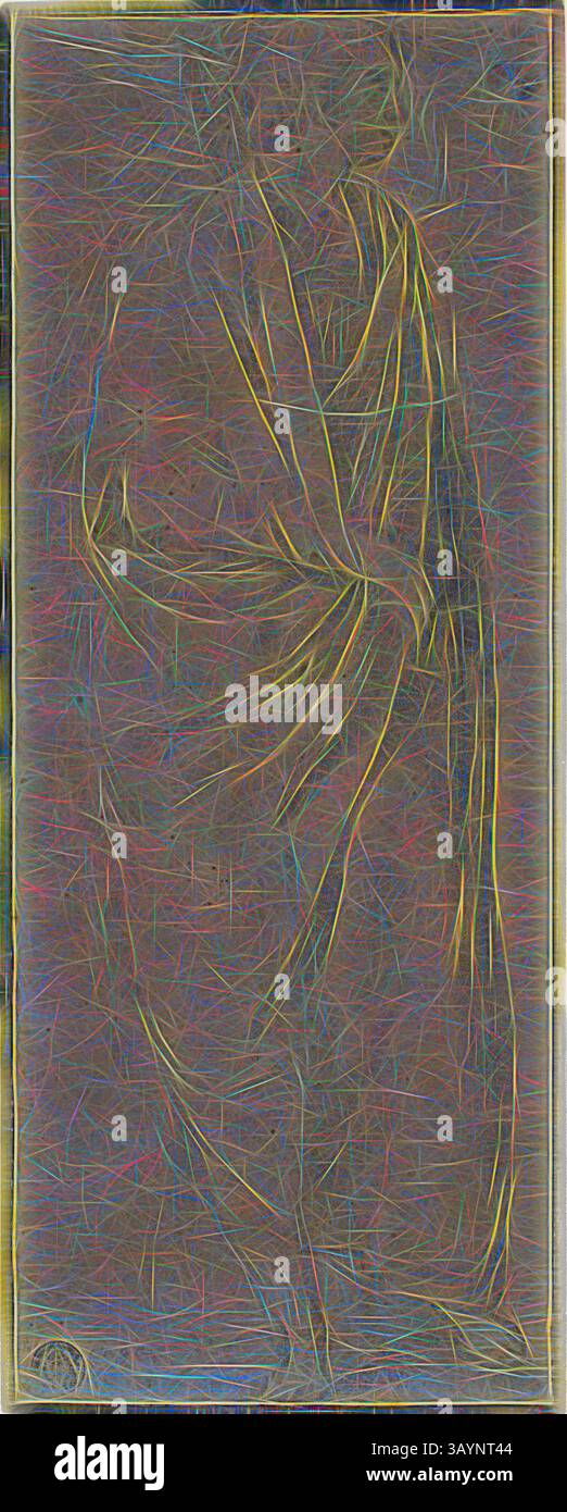 Una rappresentazione fluida e astratta di una figura drappeggiata in linee morbide e fluide, che evoca un senso di eleganza e grazia. L'interazione dei colori crea una qualità onirica, enfatizzando le curve e la forma del soggetto. Figura maschile drappeggiata, n.d., fiorentino, italiano, fine XVI secolo, Italia, gesso nero su carta blu (scolorita) posata, su carta tessuta panna, 265 x 113 mm Arte classica con un tocco moderno reinventata da Artotop Foto Stock