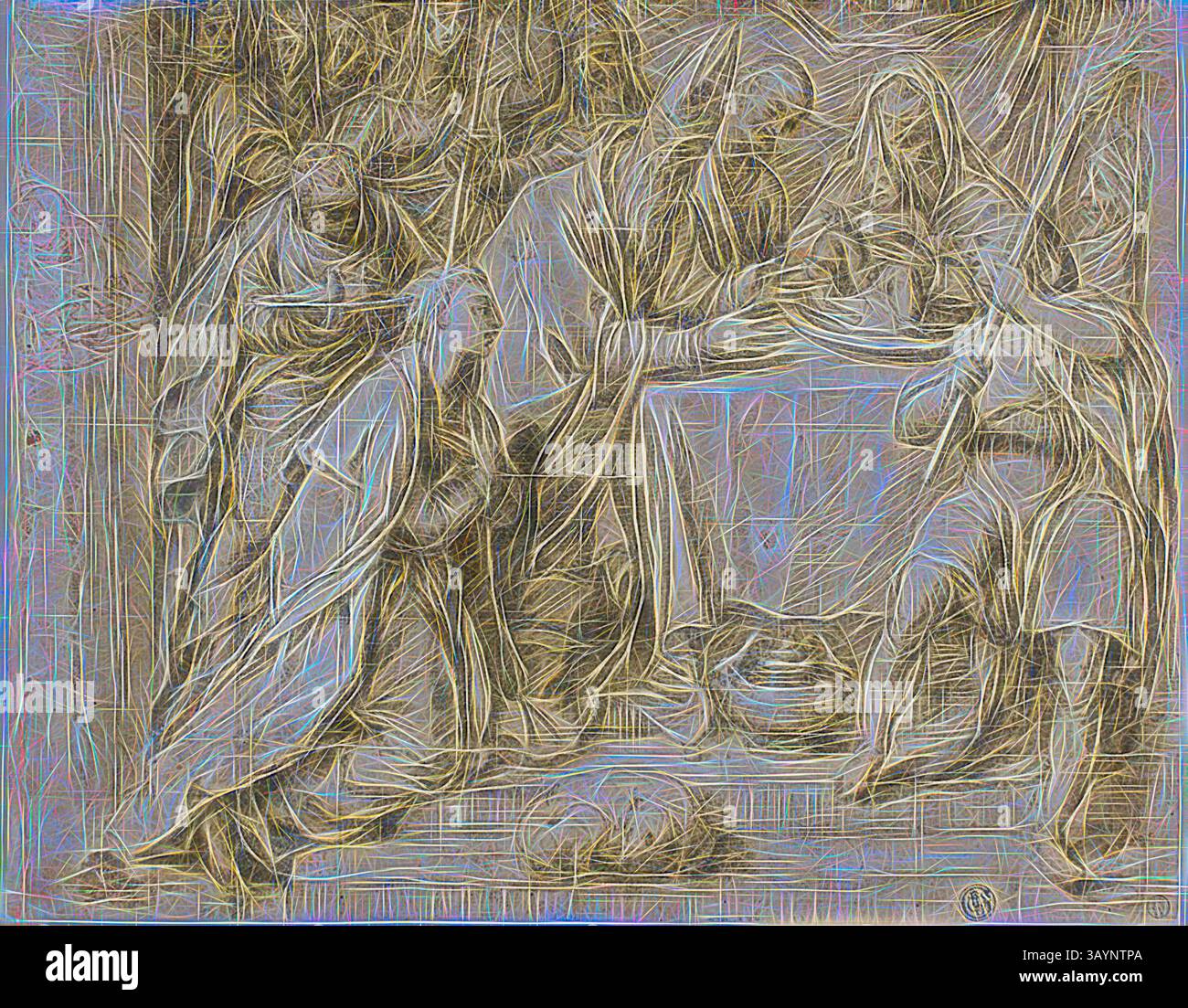 Una scena che raffigura un momento di riverenza, in cui le figure si riuniscono intorno a un tavolo centrale, impegnato in un rituale o offerta significativo. Le espressioni e i gesti trasmettono profonda emozione e spiritualità, evidenziando temi di devozione e comunità. Circoncisione del Cristo bambino (recto), matrimonio della Vergine (verso), c. 1577, laboratorio di Paolo Caliari, detto veronese, italiano, 1528-1588, Italia, gesso nero con penna e inchiostro marrone, accentuato con piombo bianco (parzialmente scolorito) (recto), e gesso nero (verso), su carta panna posata, ritocco quadrato in gesso nero, 264 x 334 mm Arte classica con Foto Stock