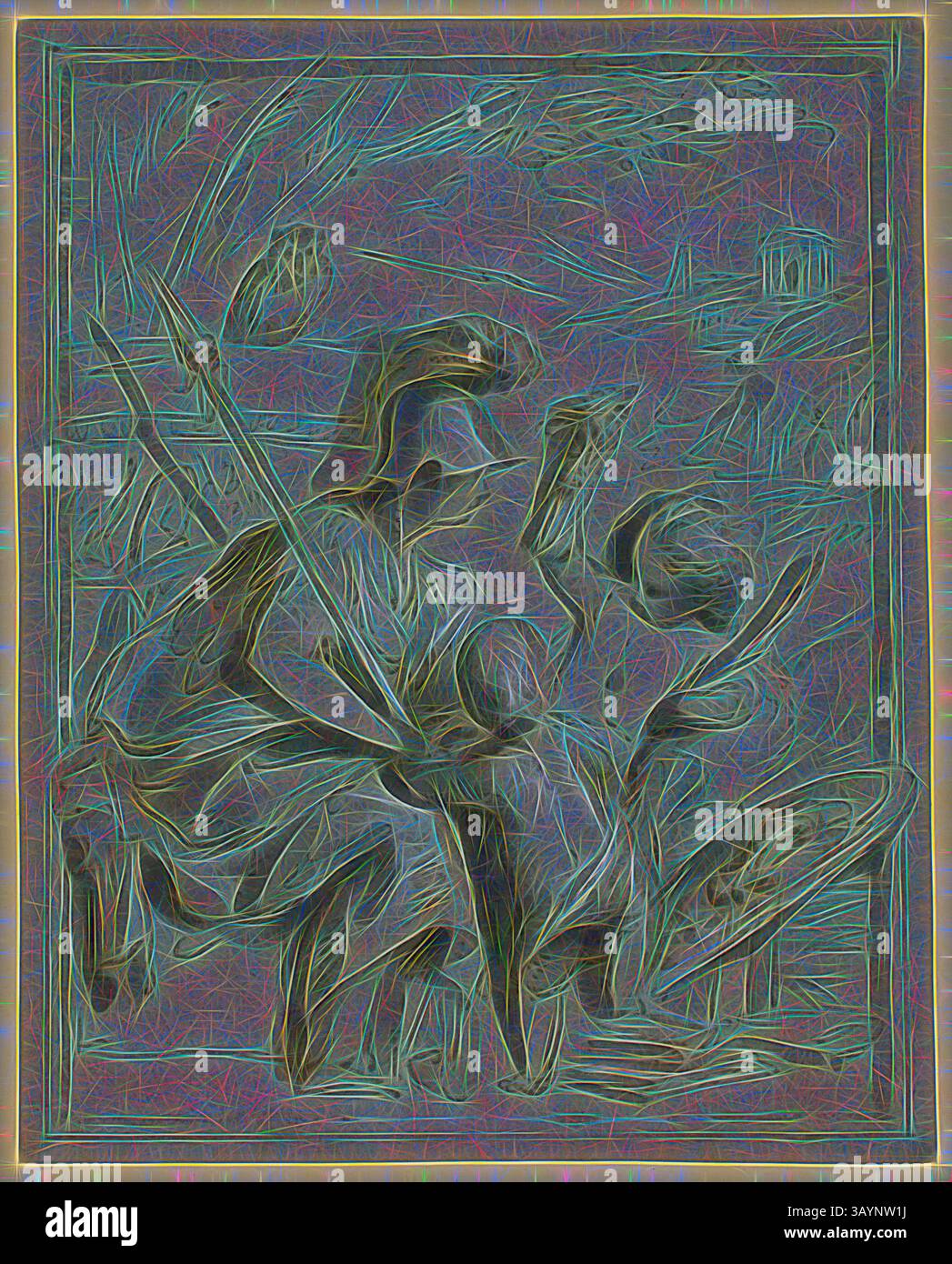 Una scena dinamica raffigurante una figura in movimento, circondata da rappresentazioni stilizzate e astratte della natura e delle figure, che trasmettono un senso di energia e interazione. Le trame e le linee creano una vivace interazione di profondità e forma. Minerva con due Putti, n.d., Jacob de WIT, olandese, 1695-1754, inchiostro Holland, penna e marrone con pennello e lavaggio grigio, accentuato con piombo bianco (parzialmente scolorito), su carta blu posata, su carta, 210 x 168 mm Arte classica con un tocco moderno reinventata da Artotop Foto Stock