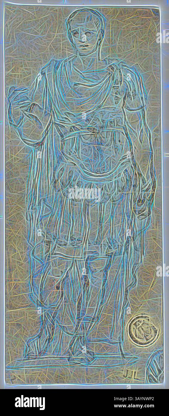 Una rappresentazione stilizzata di una figura classica, drappeggiata in una toga fluente, in piedi con sicurezza con un braccio esteso. La figura è impreziosita da dettagli intricati, che mettono in mostra un mix di eleganza storica e interpretazione artistica. Alla base appare un emblema circolare, che indica il significato della figura. Statua di Augusto Cesare (recto e verso), n.d. (recto), fine XVI sec. (verso), italiano, romano, fine XVI secolo, Italia, penna e inchiostro marrone su tracce di gesso nero (recto) e penna e inchiostro blu (verso), su carta posata in avorio, con incisione, 117 x 49 mm arte classica con un tocco moderno Foto Stock