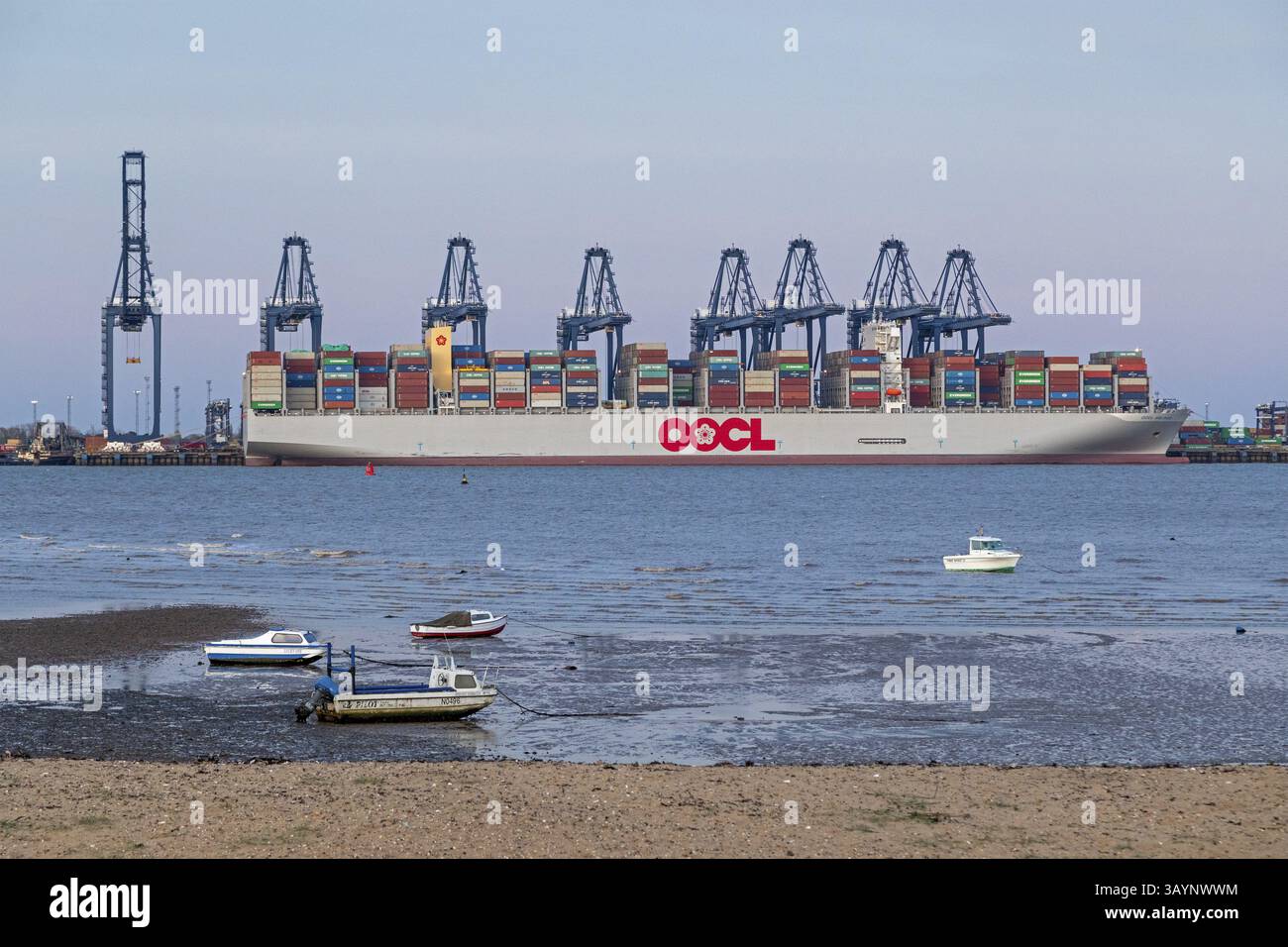 Nave portacontainer, gru a cavalletto per container, barche, porto, Harwich, Suffolk, Inghilterra, Gran Bretagna Foto Stock