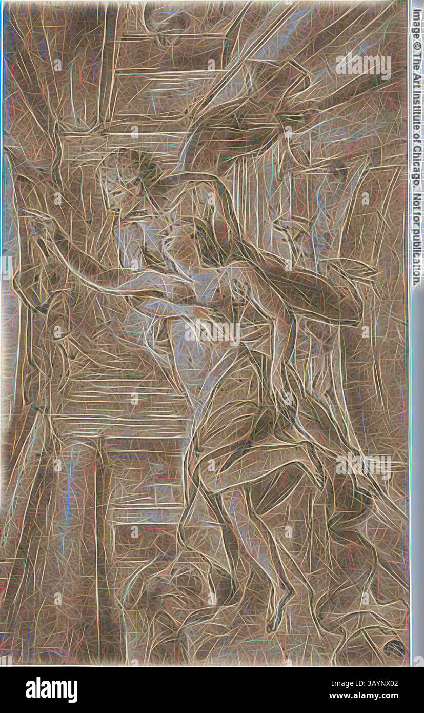 Una rappresentazione astratta di una figura graziosa che si avvicina, circondata da linee fluide e motivi testurizzati che evocano movimento ed emozione. La scena trasmette un senso di desiderio e connessione, con accenni di energia dinamica nelle forme circostanti. Design del soffitto con Psiche e mercurio, n.d., attribuito a Pietro liberi, italiano, 1614-1687, Italia, penna e inchiostro marrone, con pennello e lavaggio marrone, accentuato con il bianco piombo (parzialmente scolorito), su carta marrone, posato su carta avorio, 337 x 209 mm Arte classica con un tocco moderno reinventata da Artotop Foto Stock