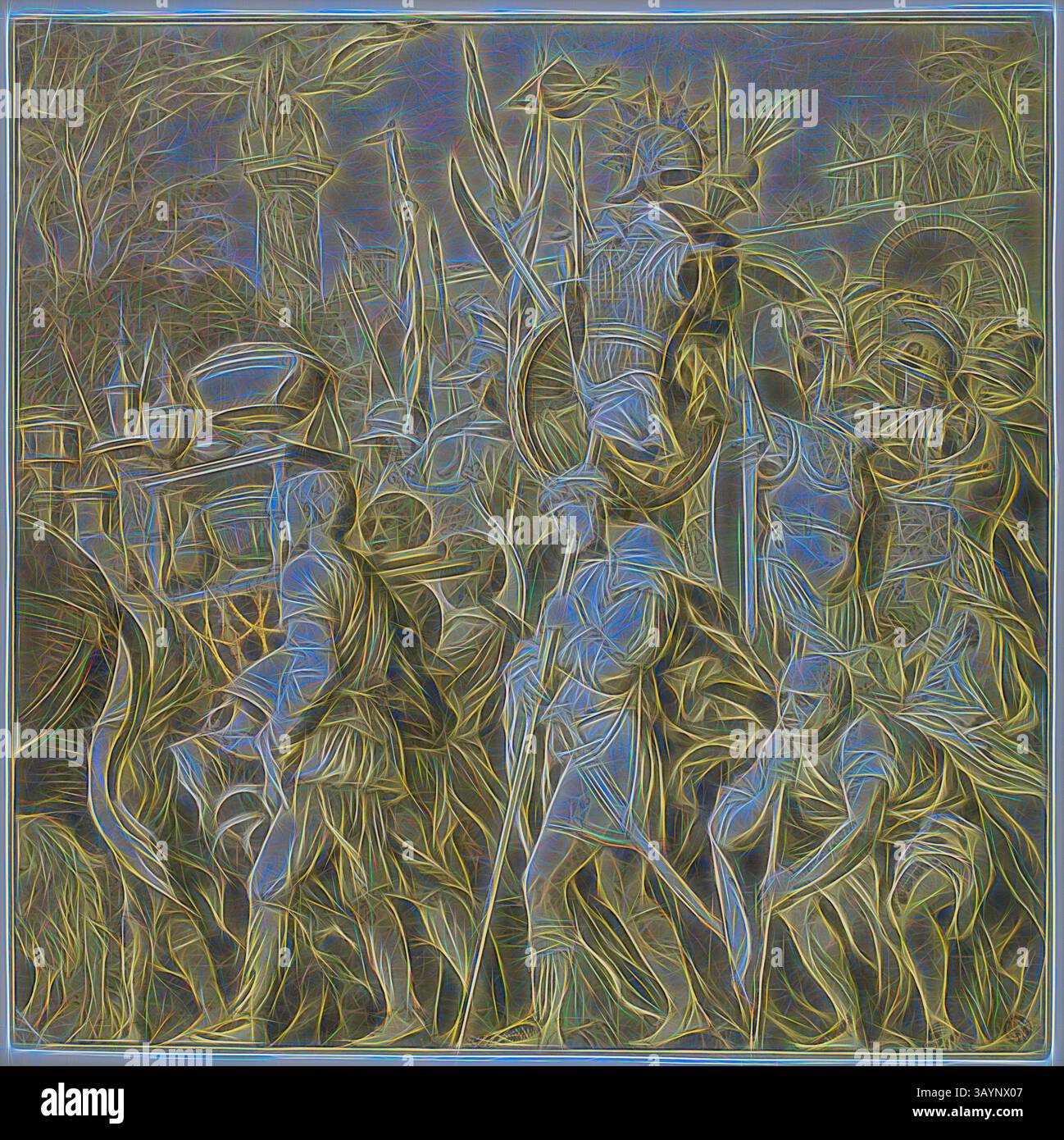 Una scena dinamica che raffigura un gruppo di figure storiche in abiti elaborati, che marciano in avanti con striscioni e lance. L'atmosfera è piena di movimento e dettagli, mostrando una miscela di determinazione e cameratismo in uno sfondo di intricate foglie ed elementi architettonici. Trionfi di Giulio Cesare: Tela n. Vi, XVIII secolo, dopo Andrea Mantegna, italiano, 1431-1506, Italia, penna e inchiostro marrone, con pennello e lavaggio grigio, accentuato con piombo bianco (ossidato), su carta panna posata preparata con lavaggio giallo, 370 x 370 mm Arte classica con un tocco moderno reinventata da Artotop Foto Stock