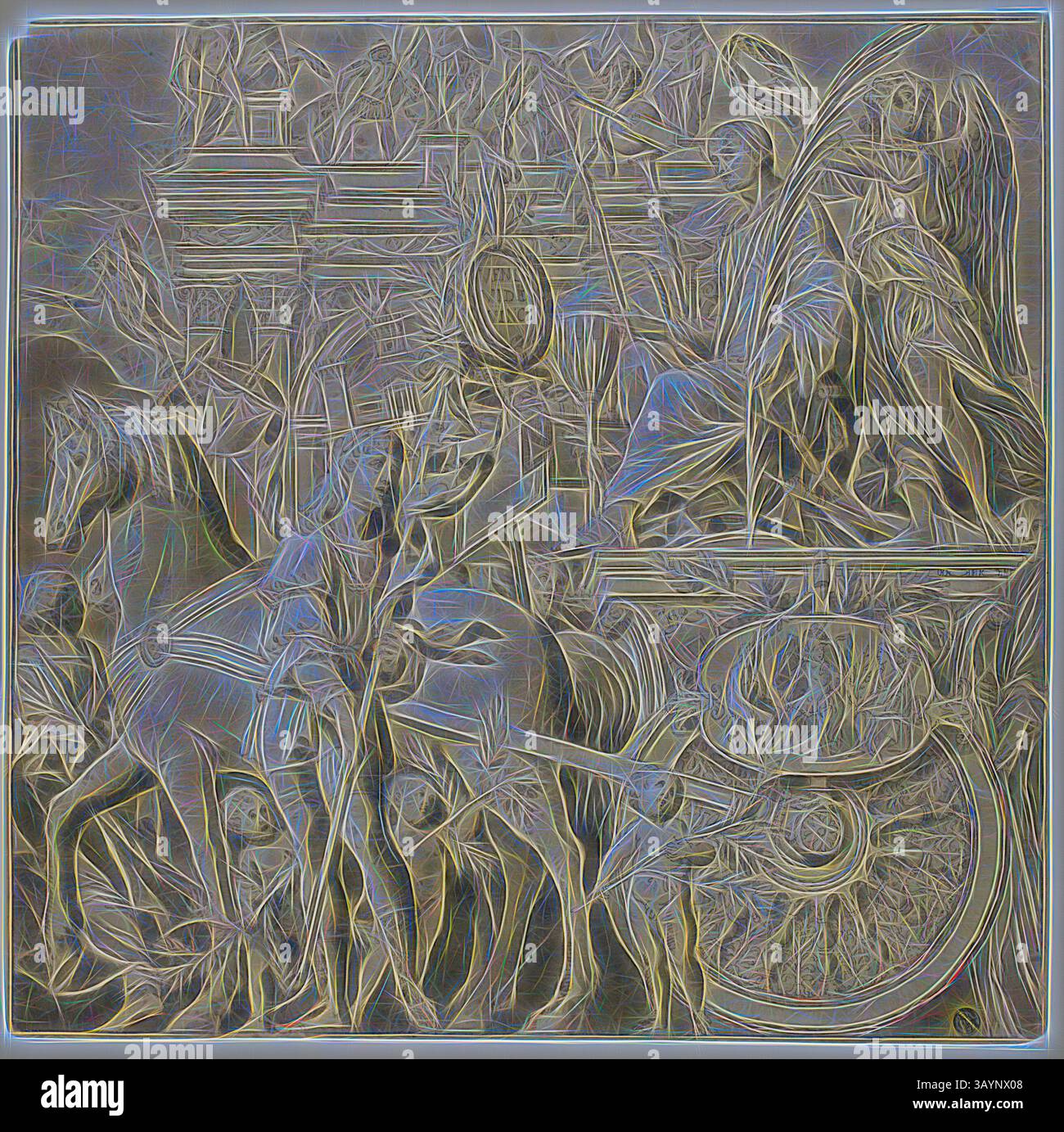 Una scena drammatica che raffigura un guerriero su un carro, affiancato da figure in pose dinamiche, circondato da intricati elementi architettonici e simboli della vittoria. La composizione trasmette un senso di movimento e grandezza, evidenziando la forza e la valor del carattere centrale. Trionfi di Giulio Cesare: Tela n. IX, XVIII secolo, dopo Andrea Mantegna, italiano, 1431-1506, Italia, penna e inchiostro marrone, con pennello e lavaggio grigio, accentuato con piombo bianco (ossidato), su carta panna posata preparata con lavaggio giallo, 372 x 377 mm Arte classica con un tocco moderno reinventata da Artotop Foto Stock