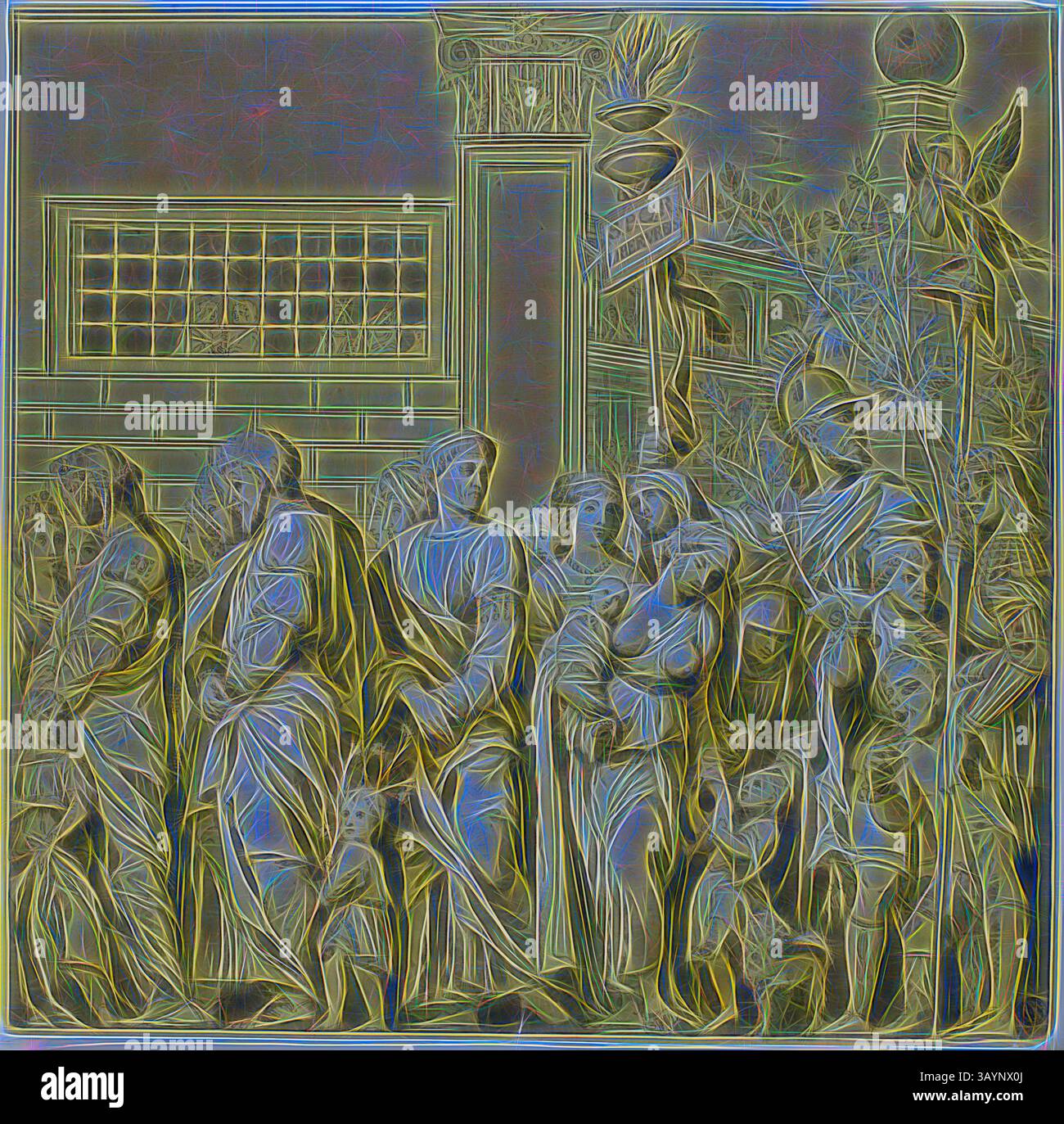 Una processione di figure in abbigliamento storico, raffigurante un raduno che trasmette un senso di significato e dramma. La scena presenta una varietà di espressioni e pose, mostrando diversi ruoli e interazioni all'interno del gruppo. Gli elementi architettonici sullo sfondo suggeriscono un ambiente grandioso, migliorando la ricchezza tematica complessiva del raduno. Trionfi di Giulio Cesare: Tela n. VII, XVIII secolo, dopo Andrea Mantegna, italiano, 1431-1506, Italia, penna e inchiostro marrone, con pennello e lavaggio grigio, accentuato con piombo bianco (ossidato), su carta panna posata preparata con lavaggio giallo, 370 x Foto Stock