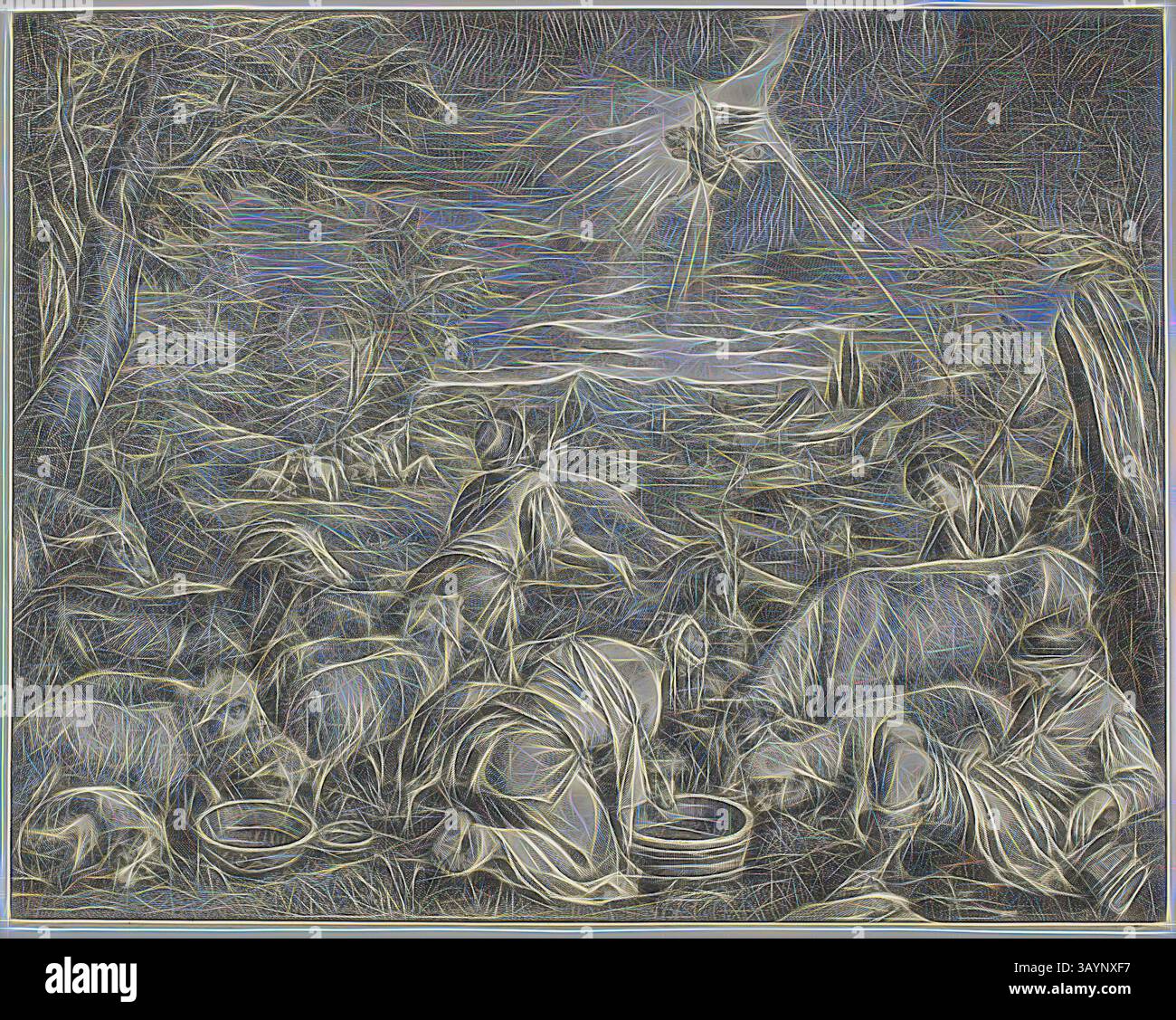 Un paesaggio sereno raffigura figure in abiti scorrevoli che si radunano intorno, con una radiosa presenza angelica che illumina la scena sopra. L'atmosfera è piena di un senso di ispirazione divina e tranquillità, mentre l'orizzonte si illumina dolcemente, suggerendo un momento di risveglio o rivelazione. L'Angelo promettendo la Terra di Sichem ad Abramo, n.d., Cornelis Visscher, il Vecchio (fiammingo, c. 1520-1586), dopo Jacopo Bassano (italiano, 1510-1592), Olanda, incisione su carta Arte classica con un tocco moderno reinventata da Artotop Foto Stock