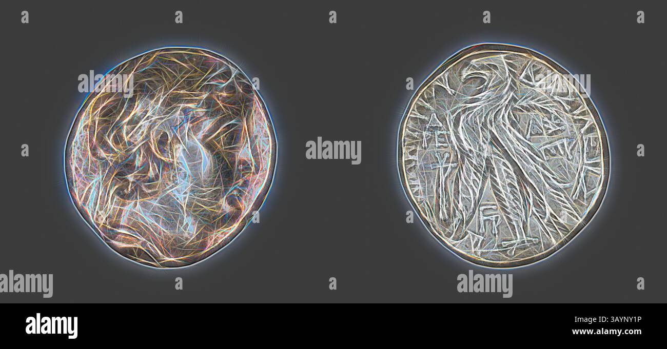 Due monete dal design complesso, ognuna con motivi e simboli unici, che riflettono una miscela di storia e arte. Le superfici sono testurizzate e presentano incisioni meticolose che ne evidenziano le caratteristiche distintive. Tetradrachm (moneta) che ritrae Demetrio II Nikatore di Siria, 130/129 a.C., regno di Demetrio II Nikatore di Siria, 145–139 a.C. e 129–125 a.C., greco, coniato in Tiro, Tiro, Argento, diam. Arte classica da 2,6 cm, 14,05 g con un tocco moderno reinventata da Artotop Foto Stock