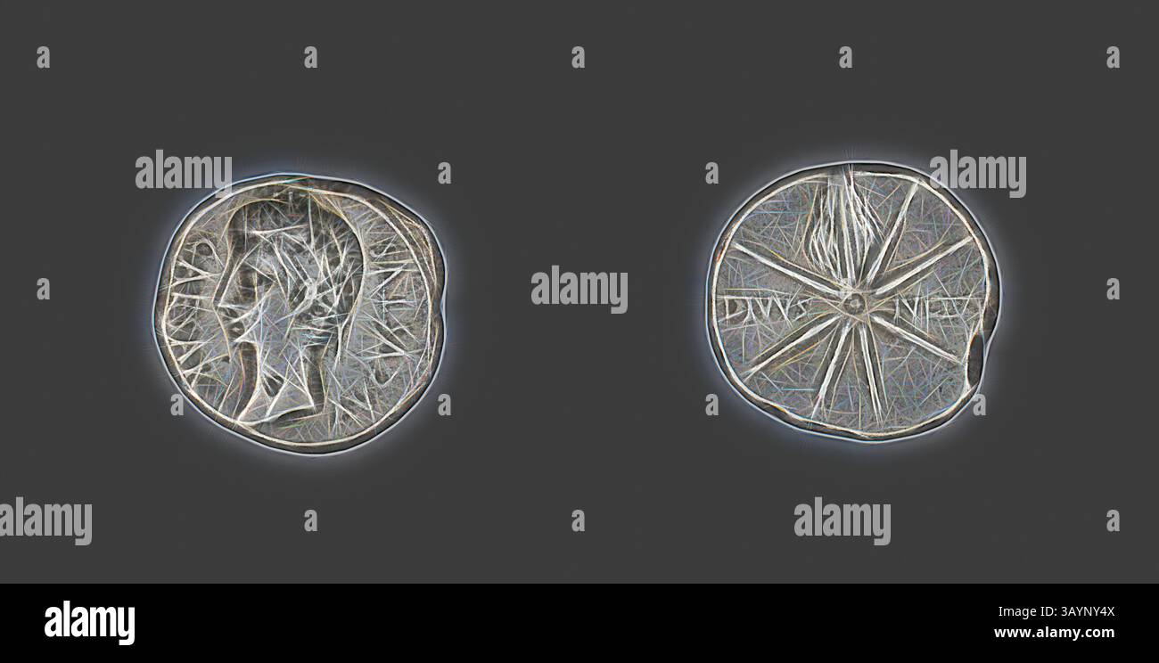 Due antiche monete sono esposte fianco a fianco. Uno presenta un profilo dettagliato di una figura, mentre l'altro presenta un design simile a una stella con iscrizioni sul bordo. I dettagli intricati e le superfici usurate suggeriscono una ricca storia. Denario (moneta) raffigurante l'imperatore Augusto, 19/18 a.C., romano, coniato in Spagna, Italia, argento, Diam. Arte classica da 2 cm, 3,47 g con un tocco moderno reinventata da Artotop Foto Stock
