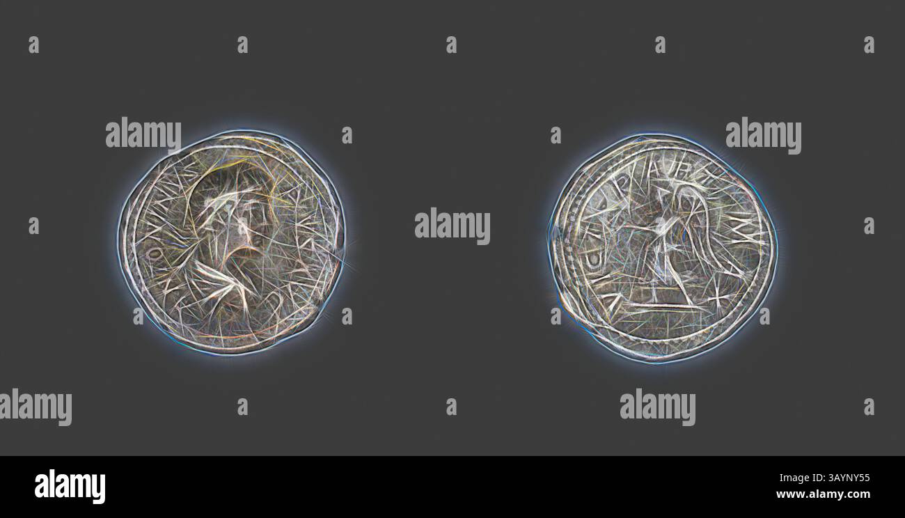 Vista ravvicinata di due monete con disegni e simboli intricati, raffiguranti figure storiche e dettagliate incisioni su entrambi i lati. Le monete sono illuminate con un contorno luminoso, enfatizzando le loro caratteristiche e consistenze uniche. Denario (moneta) raffigurante l'imperatore Caracalla, 201 d.C./206, romano, coniato a Roma, Impero Romano, argento, Diam. Arte classica da 2 cm, 3,29 g con un tocco moderno reinventata da Artotop Foto Stock