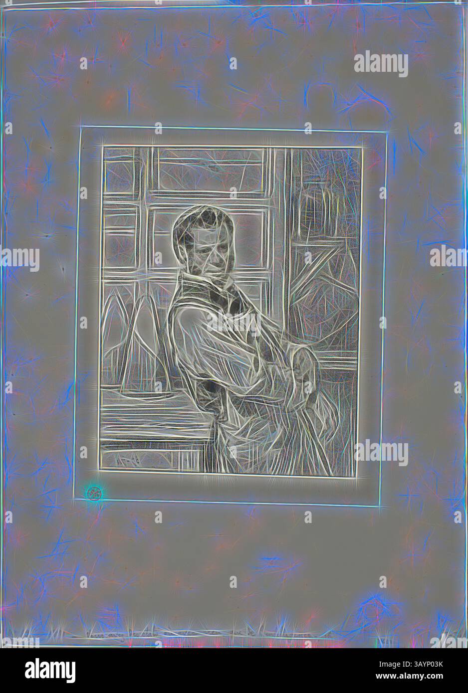 Una figura si appoggia con cura contro una cornice della finestra, circondata da una rappresentazione artistica che enfatizza linee e contorni, creando un senso di riflessione e introspezione. Maschere e volti, 1857–58, Paul Gavarni, francese, 1804-1866, Francia, litografia in nero su carta cinese grigio chiaro su carta tessuta avorio, 201 x 158 mm (immagine), 230 x 188 mm (chine), 398 x 288 mm (foglio) Arte classica con un tocco moderno reinventata da Artotop Foto Stock