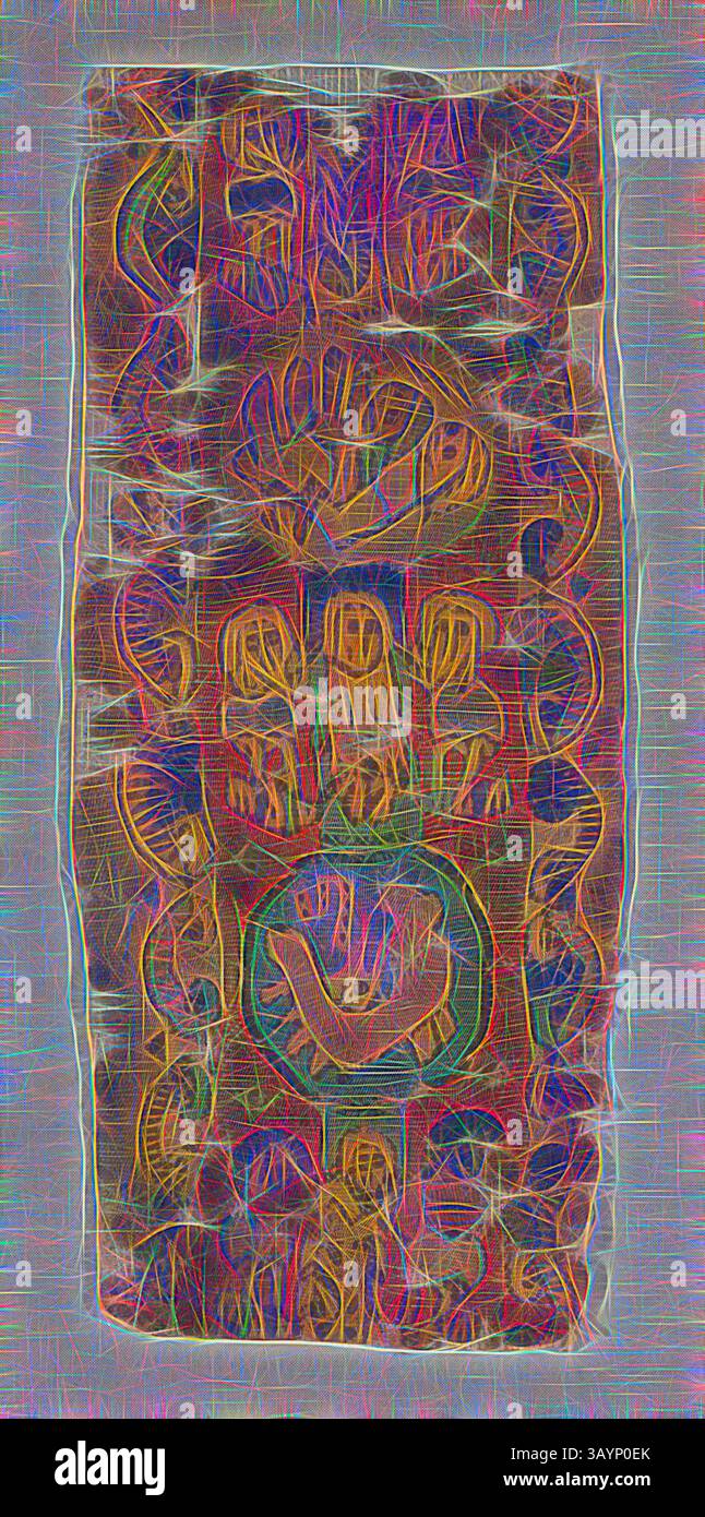 Un design intricato caratterizzato da una serie di figure stilizzate e forme vivaci, circondato da motivi vorticosi e da un audace motivo centrale che suggerisce unità o connessione. L'uso di colori vivaci e linee astratte crea una composizione dinamica e testurizzata. Frammento (confine), periodo romano (30 a.C.– 641 d.C.)/ periodo arabo (641–969), VII/VIII secolo, Egitto, Egitto, lino e lana, tela arazzi a fessura, 27,9 x 12,7 cm (11 x 5 pollici) Arte classica con un tocco moderno reinventata da Artotop Foto Stock