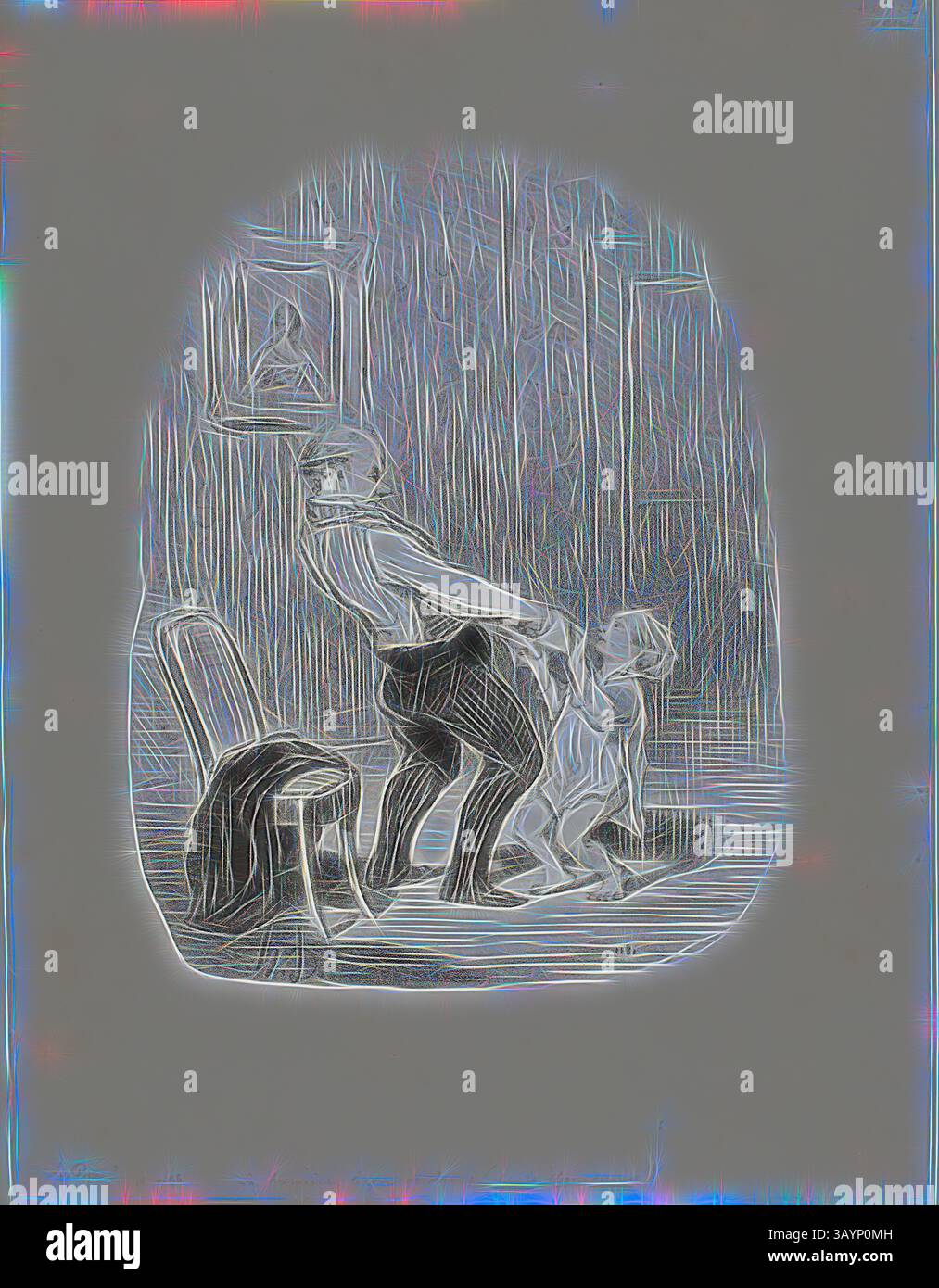 Un uomo sta con un cane accanto a lui, impegnato in un momento giocoso. L'ambiente presenta una camera accogliente con arredi semplici e un quadro incorniciato sulla parete, che aggiunge un tocco di calore alla scena. La prima lezione di danza, da Les Papas, 1848, Honoré Victorin Daumier, francese, 1808-1879, Francia, litografia in carta nera su tessuto bianco, 250 x 193 mm (immagine), 357 x 273 mm (foglio) Arte classica con un tocco moderno reinventata da Artotop Foto Stock