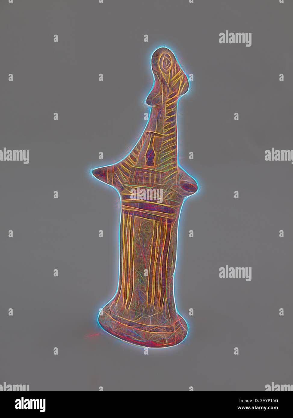 Una scultura stilizzata caratterizzata da forme allungate e fantasie intricate, con una testa e un corpo distintivi, impreziositi da contorni luminosi che enfatizzano le sue caratteristiche uniche. Statuetta di una dea, 600/580 a.C., greca, Beozia, Dodona, terracotta, 18,2 x 7,7 x 6,8 cm (7 3/16 x 3 1/16 x 2 11/16 pollici) Arte classica con un tocco moderno reinventata da Artotop Foto Stock