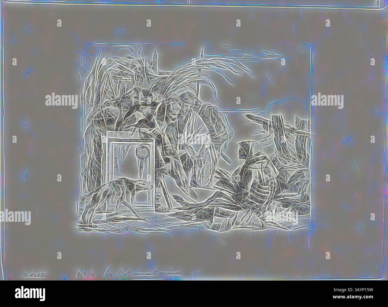 Una disposizione surreale di piante ed elementi astratti crea una composizione intrigante, mescolando forme organiche con forme geometriche. La scena evoca un senso di mistero e complessità artistica. Death Giving Audience, da Capricci, 1740/50, pubblicato il 1785, Giambattista Tiepolo, italiano, 1696-1770, Italia, incisione su carta, 141 x 177 mm Arte classica con un tocco moderno reinventata da Artotop Foto Stock