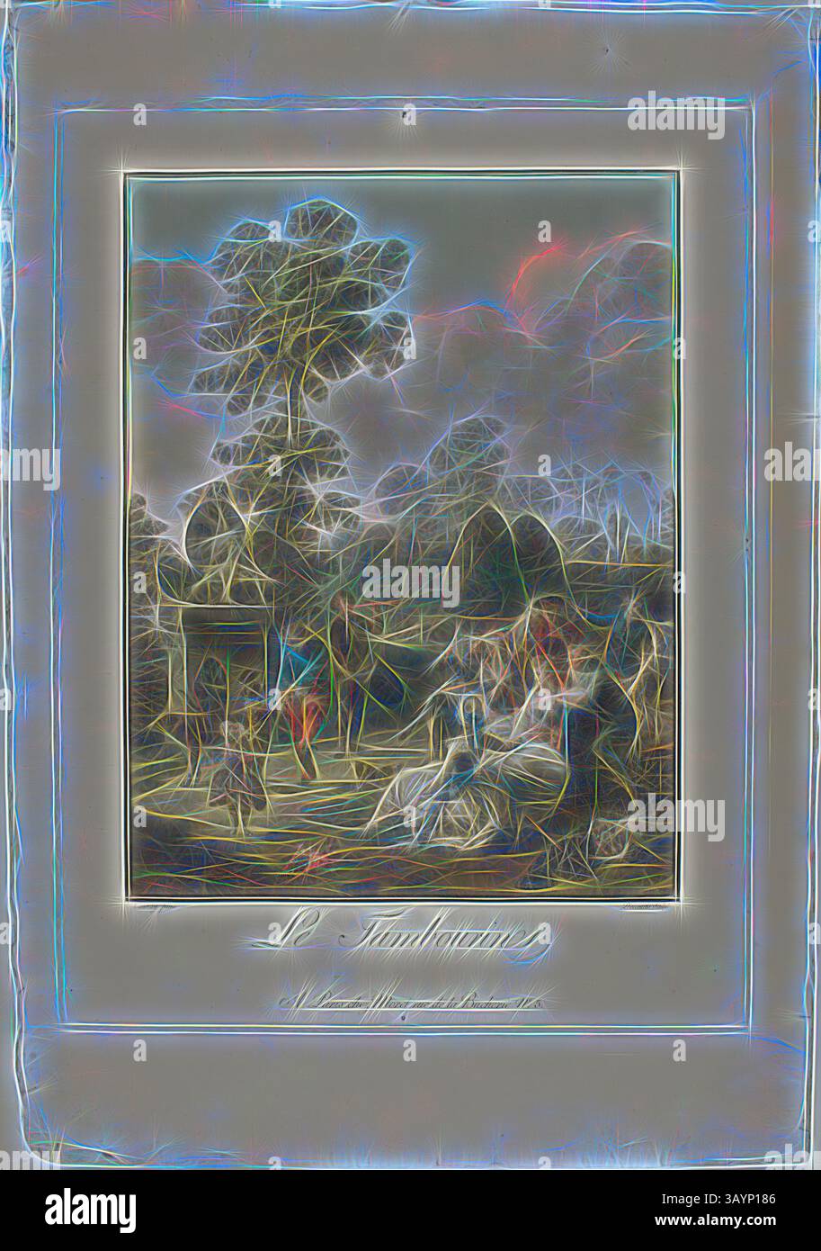 Una scena stravagante con figure in abiti storici in mezzo a un paesaggio lussureggiante, con alberi suggestivi e un ambiente tranquillo. L'opera d'arte cattura un momento di eleganza e interazione, evocando un senso di nostalgia e romanticismo. Le Tambourin, 1789/94, Charles-Melchior Descourtis (francese, 1753-1820), dopo Nicolas-Antoine Taunay (francese, 1755-1830), Francia, acquatinta di colore (modo di cenere), con incisione e incisione, su carta tessuta avorio, 307 x 235 mm (immagine), 390 x 292 mm (piatto), 493 x 344 mm (foglio) Arte classica con un tocco moderno reimmaginato da Artotop Foto Stock