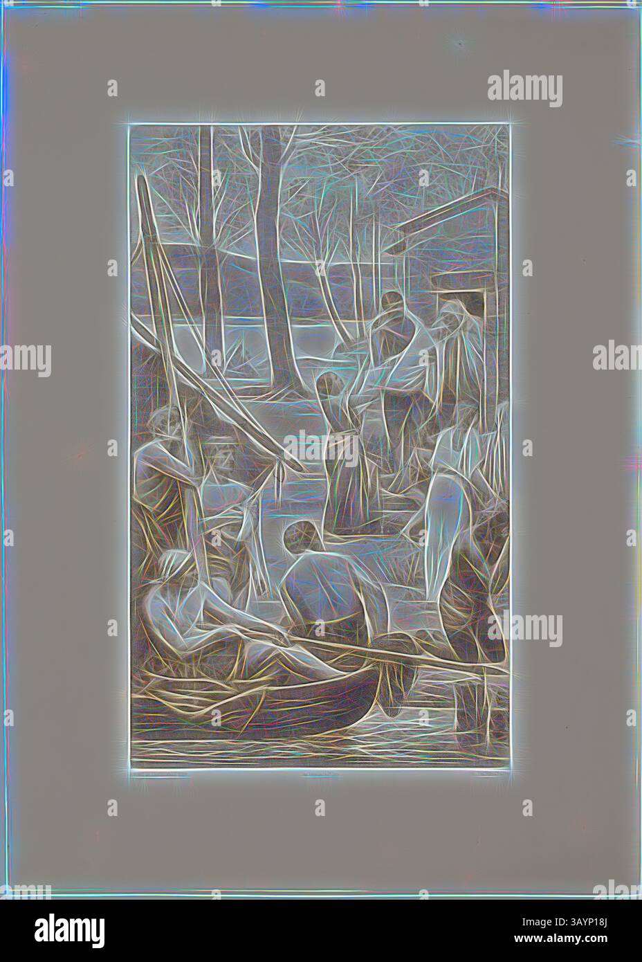 Un gruppo di figure è impegnato in varie attività da un corpo d'acqua, con alcuni che preparano una barca mentre altri si riuniscono nelle vicinanze, circondati da alberi e da un paesaggio sereno. La scena cattura un senso di comunità e collaborazione in un ambiente tranquillo. Pastorale vita di Saint Geneviève (pannello a sinistra), c. 1888, Georges-William Thornley (francese, 1857-1935), dopo Pierre Puvis de Chavannes (francese, 1824-1898), Francia, litografia su carta, 509 x 300 mm (immagine), 702 x 503 mm (foglio) Arte classica con un tocco moderno reinventata da Artotop Foto Stock