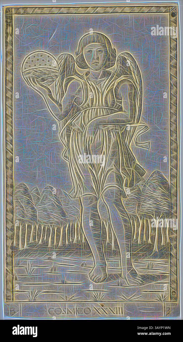 Una figura di un angelo si erge con grazia con le ali estese, tenendo in alto un oggetto circolare. Vestito con abiti scorrevoli, l'angelo è circondato da un tranquillo paesaggio di alberi sullo sfondo, che evoca un senso di tranquillità e presenza divina. Genius of the World, piatto 33 da Genii e virtù, c. 1465, Master of the e-Series Tarocchi, italiano, attivo c. 1465, Italia, incisione su carta, 181 x 101 mm grafica classica con un tocco moderno reinventata da Artotop Foto Stock