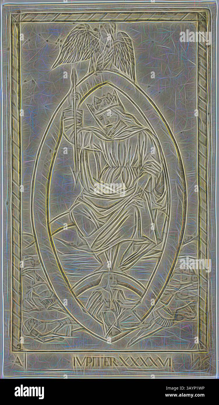 Una figura dal design complesso raffigura un potente angelico che tiene in mano un bastone, seduto in cima a un'onda stilizzata. La cornice circostante presenta dettagli ornamentali che migliorano la qualità eterea e maestosa della scena. Giove, piatto 46 da pianeti e sfere, c. 1465, Maestro della serie e Tarocchi, italiano, attivo c. 1465, Italia, incisione su carta, 185 x 105 mm (foglio), 180 x 100 mm (piatto) grafica classica con un tocco moderno reinventata da Artotop Foto Stock