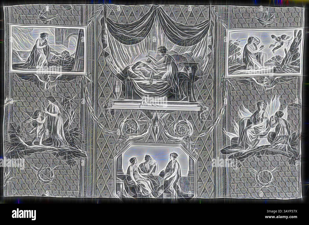 Una serie di scene intricate raffiguranti figure morbide e fluenti impegnate in momenti emozionali, incorniciate da bordi decorati pieni di motivi delicati. La grafica presenta temi di intimità, dialogo ed elementi celesti, creando una narrazione ricca attraverso la narrazione visiva. L'Amour et Psyche (Cupido e Psiche), c. 1810, disegnato da Jean Baptiste Huet (francese, 1745–1811), prodotto da Christophe Philippe Oberkampf (francese, 1738–1815), Francia, Jouy-en-Josas, Francia, cotone, tessitura semplice, rullo inciso stampato, 41,2 x 65 cm (16 1/4 x 25 1/2 poll.) Arte classica con una Foto Stock