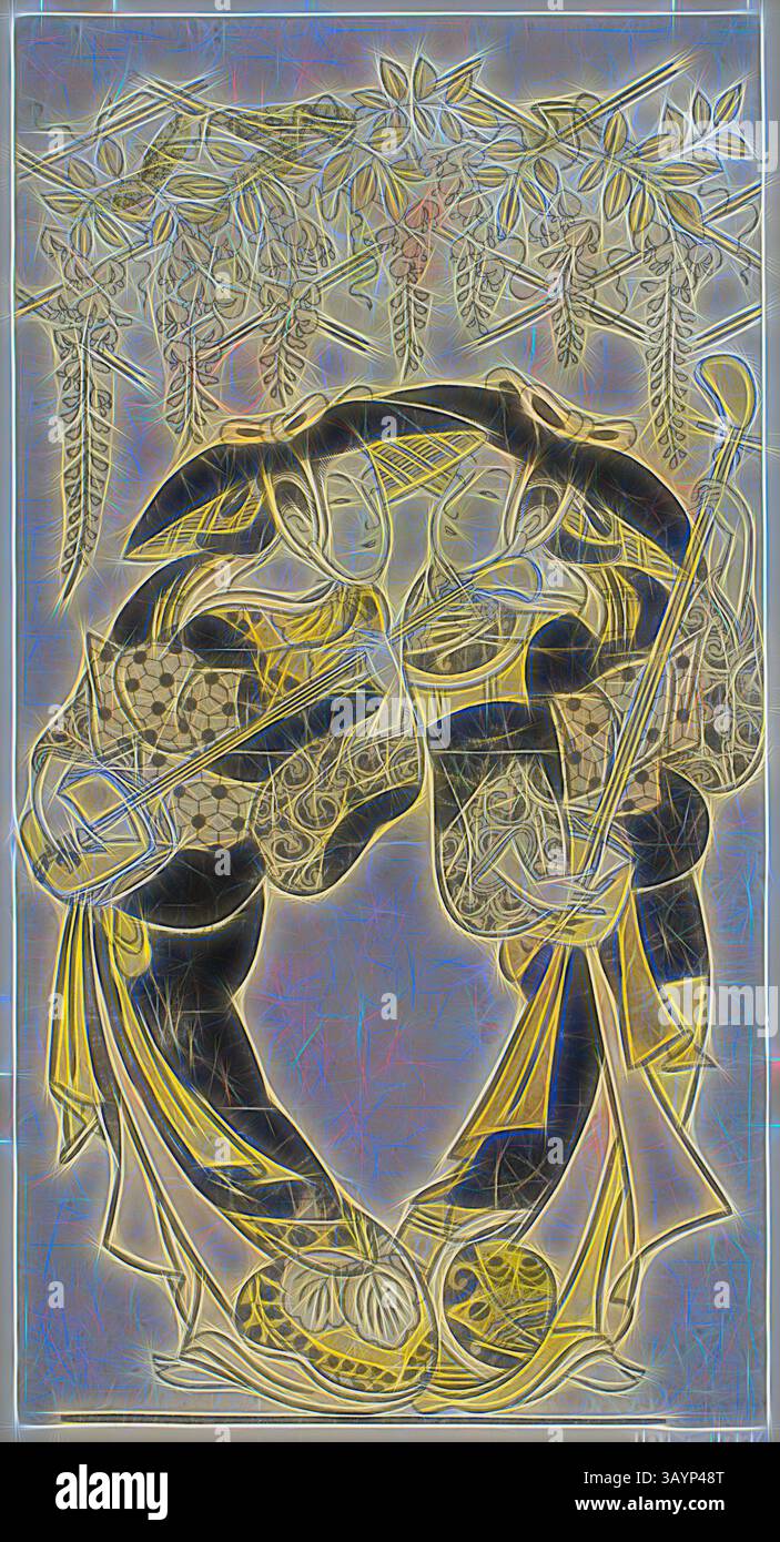 Una scena stravagante raffigura due figure in abiti elaborati, impegnate in una graziosa danza. Sono circondate da vigneti e foglie che scorrono, con motivi intricati che esaltano l'atmosfera incantevole. Le figure hanno strumenti musicali tradizionali, aggiungendo una ricchezza culturale alla narrazione visiva. Gli attori Sanjo Kantaro (a destra) e Fujimura Handayu (a sinistra) come musicisti che suonano sotto gliceria, c. 1717/18, giapponesi, del XVIII secolo, Giappone, stampa a blocchi di legno colorata a mano, hosoban, urushi-e, 29,9 x 15,8 cm arte classica con un tocco moderno reinventata da Artotop Foto Stock