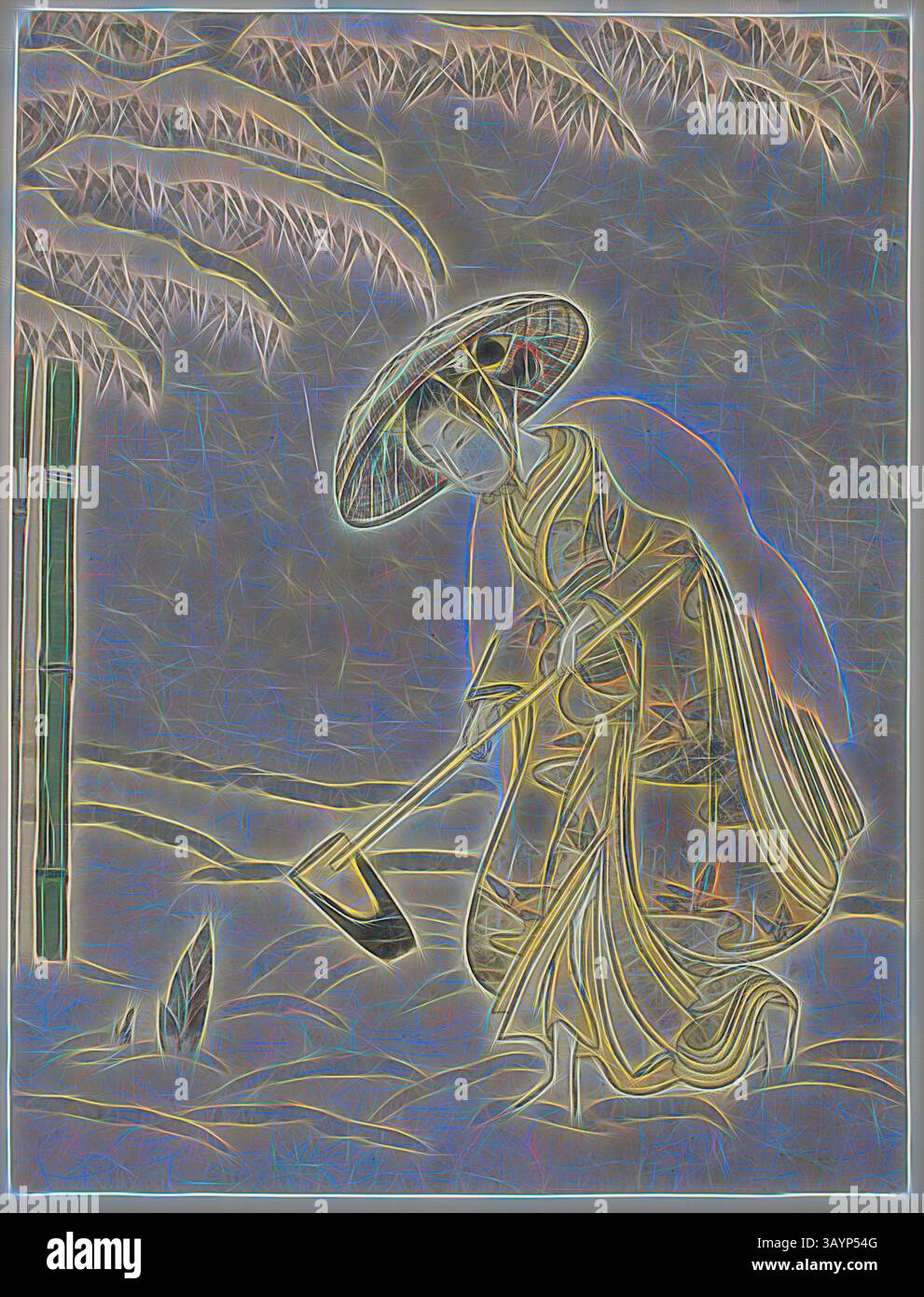 Una figura serena in abbigliamento tradizionale, con un cappello a teglia larga, tende dolcemente alla terra tra bambù e fogliame stilizzati, evocando un senso di tranquillità e armonia con la natura. Raccolta di germogli di bambù, c. 1765, Suzuki Harunobu 鈴木 春信, giapponese, 1725 (?)-1770, Giappone, Stampa a blocchi di legno a colori, coprimozzo, 9 5/8 x 7 1/4 poll. Arte classica con un tocco moderno reinventata da Artotop Foto Stock