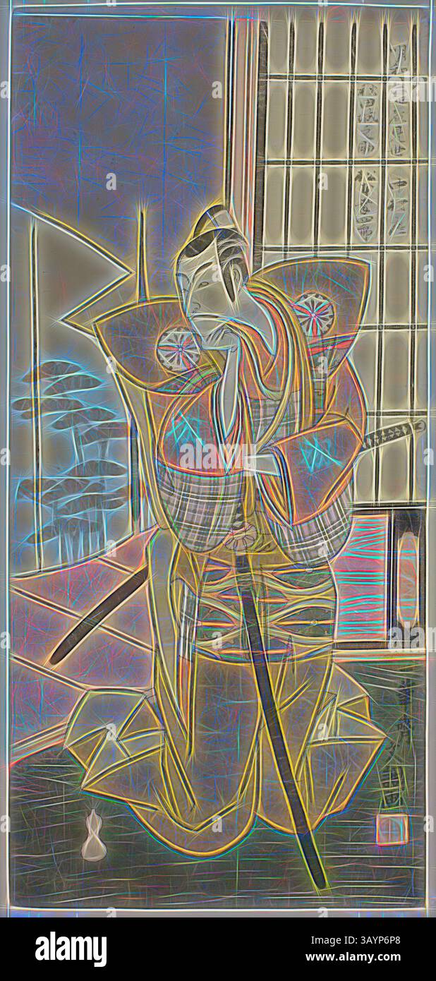 Una figura tradizionale in abiti elaborati si trova con cura, tenendo una katana, sullo sfondo di delicati schermi e paesaggi sereni. La composizione fonde linee intricate e colori vivaci, evocando un senso di calma e contemplazione. L'attore Matsumoto Koshiro III nel ruolo di Akita Jonosuke nello spettacolo Kawaranu Hanasakae Hachi no Ki, eseguito al Teatro Nakamura nell'undicesimo mese, 1769, c. 1769, Ippitsusai Buncho, giapponese, Active c. 1755-90, Giappone, stampa a blocchi di legno a colori, hosoban, 31,9 x 14,8 cm (12 9/16 x 5 13/16 poll.) Arte classica con un tocco moderno reinventata da Artotop Foto Stock