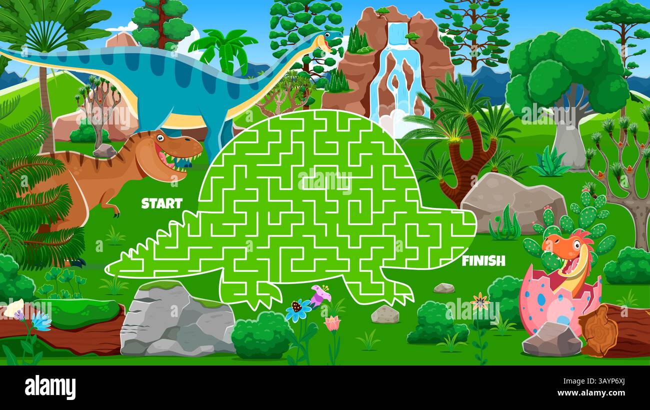 Gioco labirinto per bambini, aiuta la madre di dinosauro t-rex a trovare il suo foglio di lavoro vettoriale per bambini. Dino Animal silhouette puzzle quiz con labirinto mappa labirinto, auto Illustrazione Vettoriale