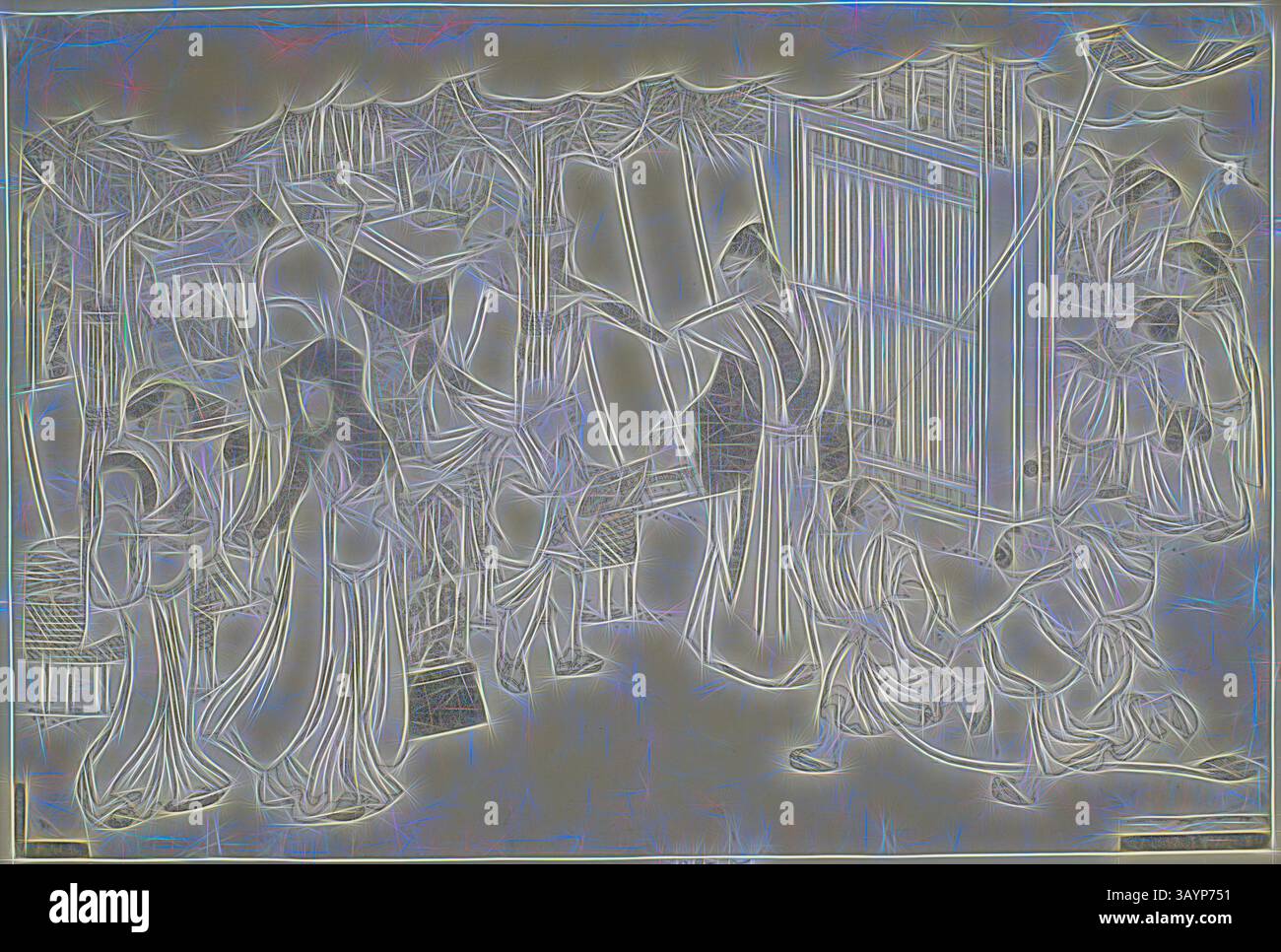 Una scena raffigurante un gruppo di figure impegnate in un'interazione dinamica, circondate da alberi e strutture. Le figure sono vestite in abiti tradizionali, suggerendo un contesto storico o culturale, con un senso di movimento e di scopo nelle loro posture. Lo sfondo presenta un'intricata disposizione degli elementi, migliorando l'atmosfera narrativa. The First Day of Business (Akinai hajime), tratto dal libro illustrato Colors of the Triple Dawn (Saishiki mitsu no asa), c. 1787, Torii Kiyonaga, Japanese, 1752-1815, Giappone, stampa Woodblock, oban, impronta a prova di portachiavi, 25,9 x 38,4 cm (10 3/16 Foto Stock