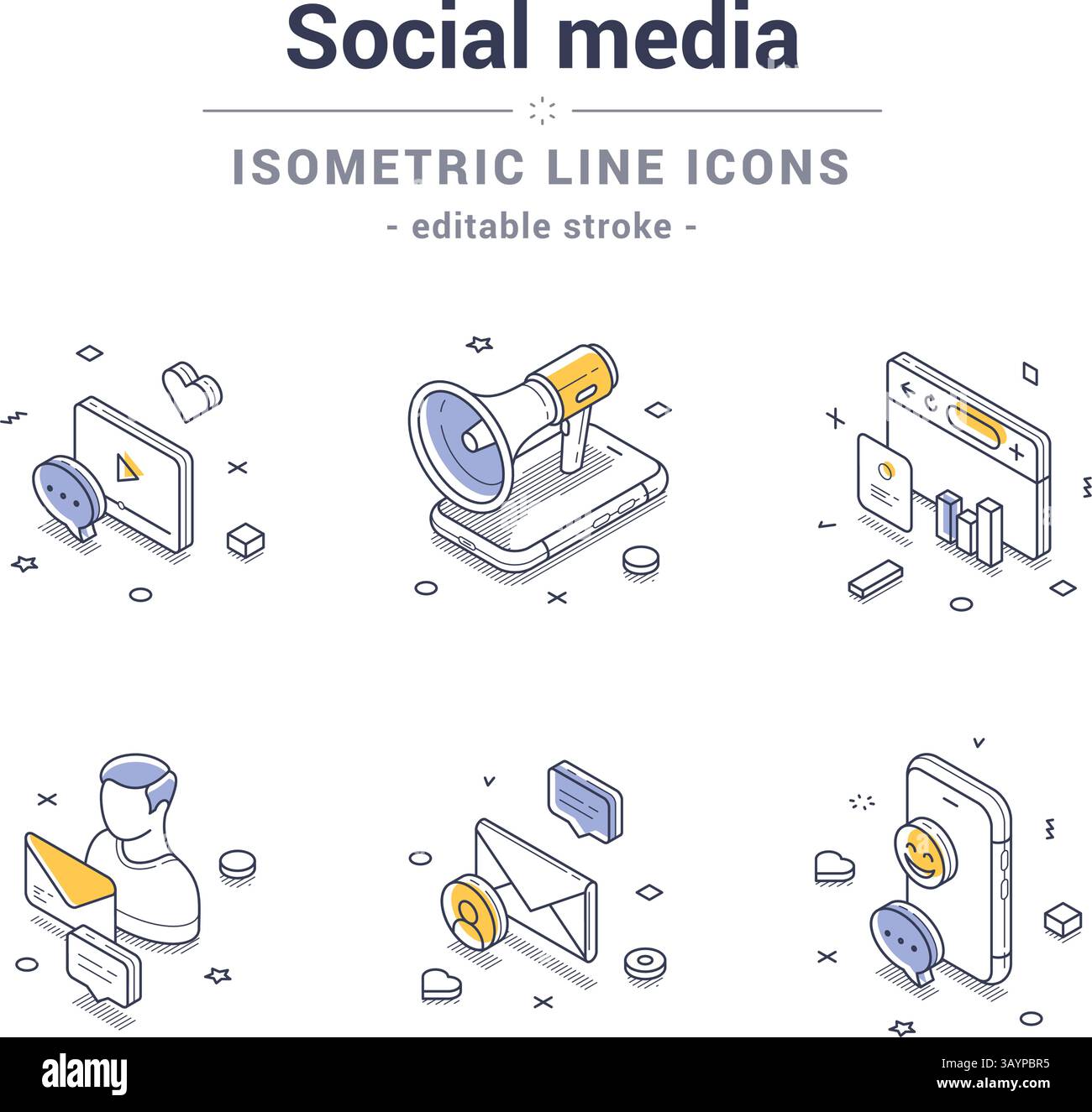 Raccolta di icone di linea isometriche che rappresentano vari aspetti dei social media. Il set include elementi come megafono, smartphone e icone e-mail, Illustrazione Vettoriale