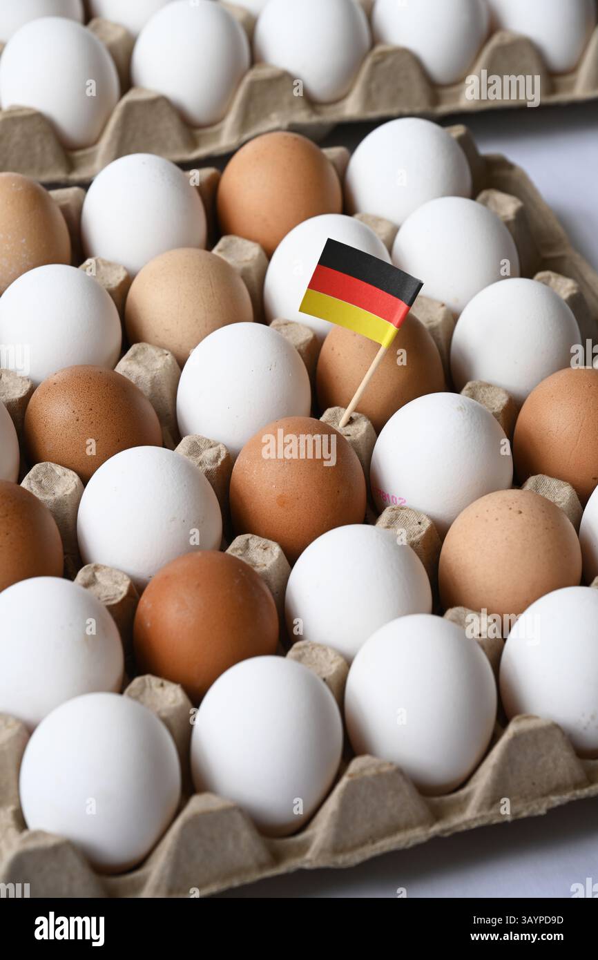 Vassoi di uova da fienile con bandiera tedesca Foto Stock