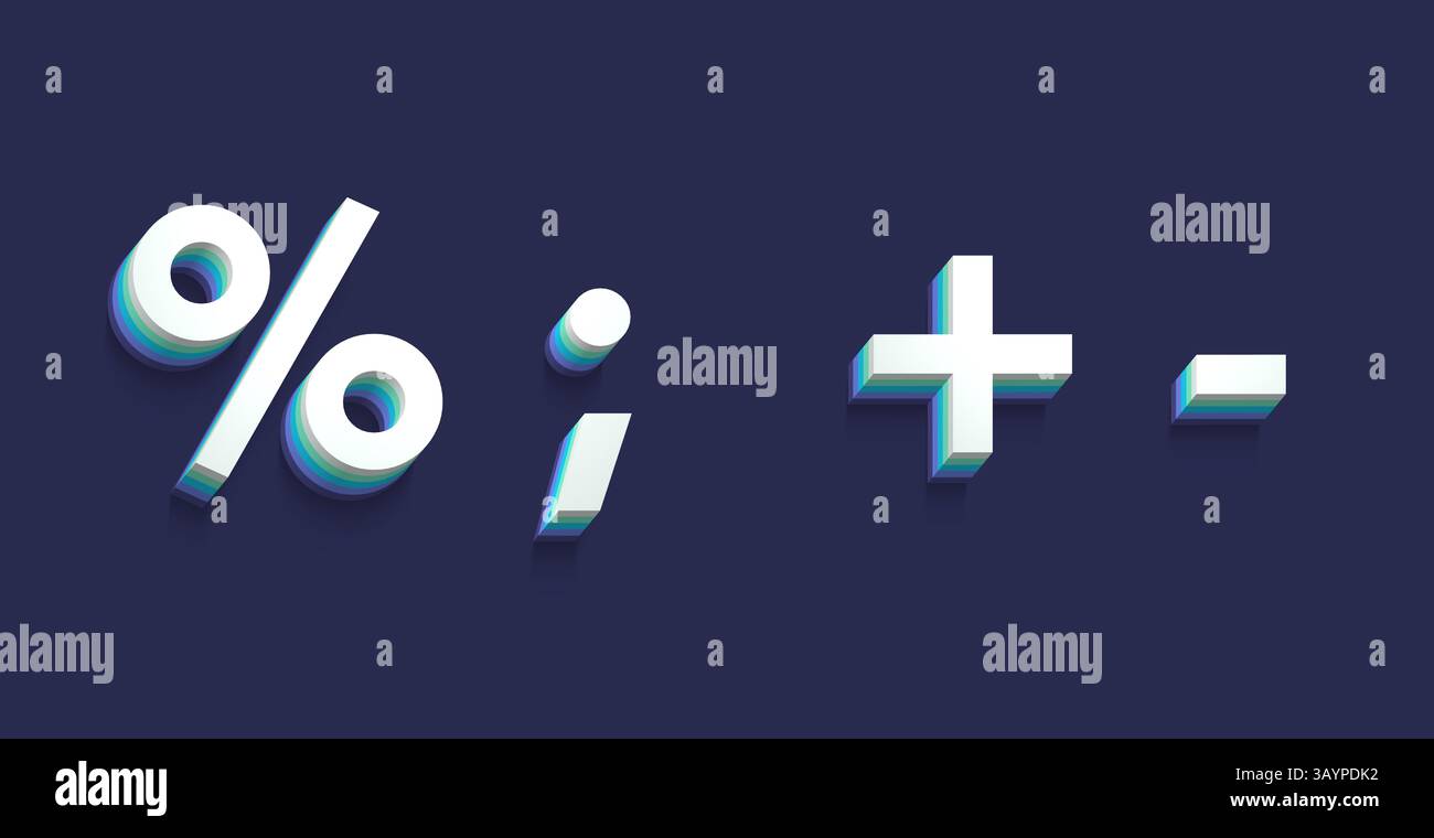 set di segni di punteggiatura bianchi 3d su sfondo blu, percentuale, punto e virgola, più, meno Foto Stock