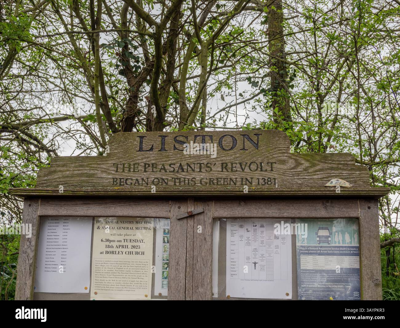 Bacheca sul green a Liston Village, Essex, Regno Unito; con un'iscrizione che la rivolta dei contadini iniziò qui nel 1381. Foto Stock