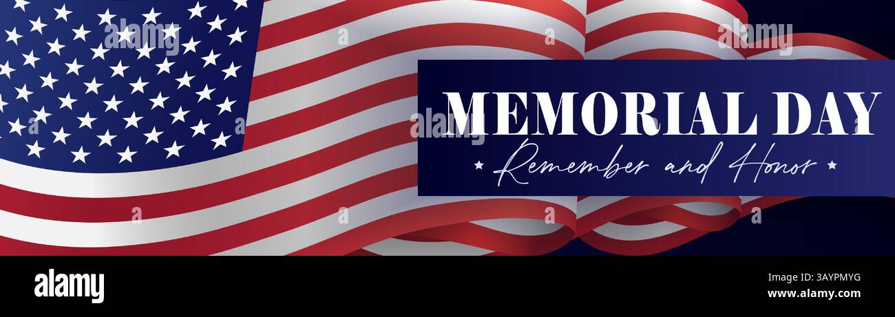 Testata progettata per il Memorial Day USA con bandiera 3D. Ricorda e onora il poster per la celebrazione del giorno commemorativo con il testo e la bandiera Illustrazione Vettoriale