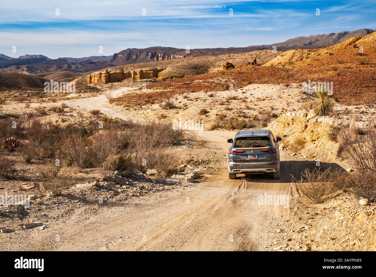 Veicolo su River Road, Mariscal Mountain in lontananza, vicino alla miniera di Mariscal, al deserto di Chihuahuan, al Big Bend National Park, Texas, Stati Uniti Foto Stock