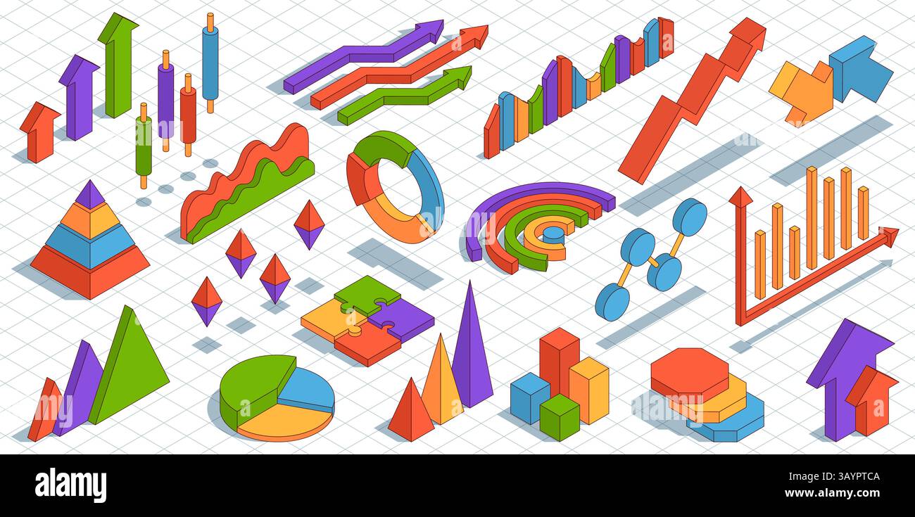 Grafici aziendali isometrici. Progettazione di infografiche, presentazioni visive elementi colorati, grafici, diagrammi e torte, presentazione statistica Illustrazione Vettoriale