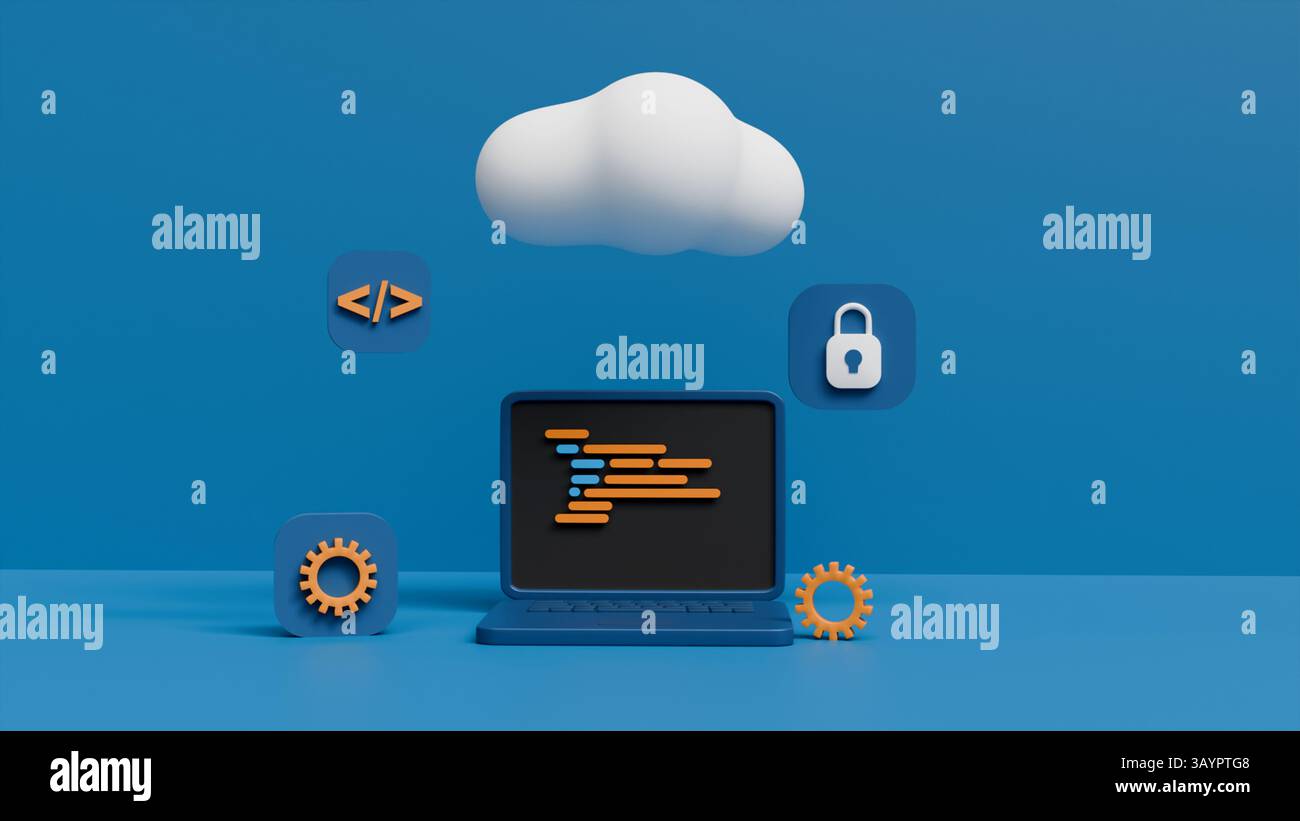Immagine 3D di laptop, monitor, archiviazione su cloud e icone di sicurezza e programmazione sull'argomento delle tecnologie IT Foto Stock